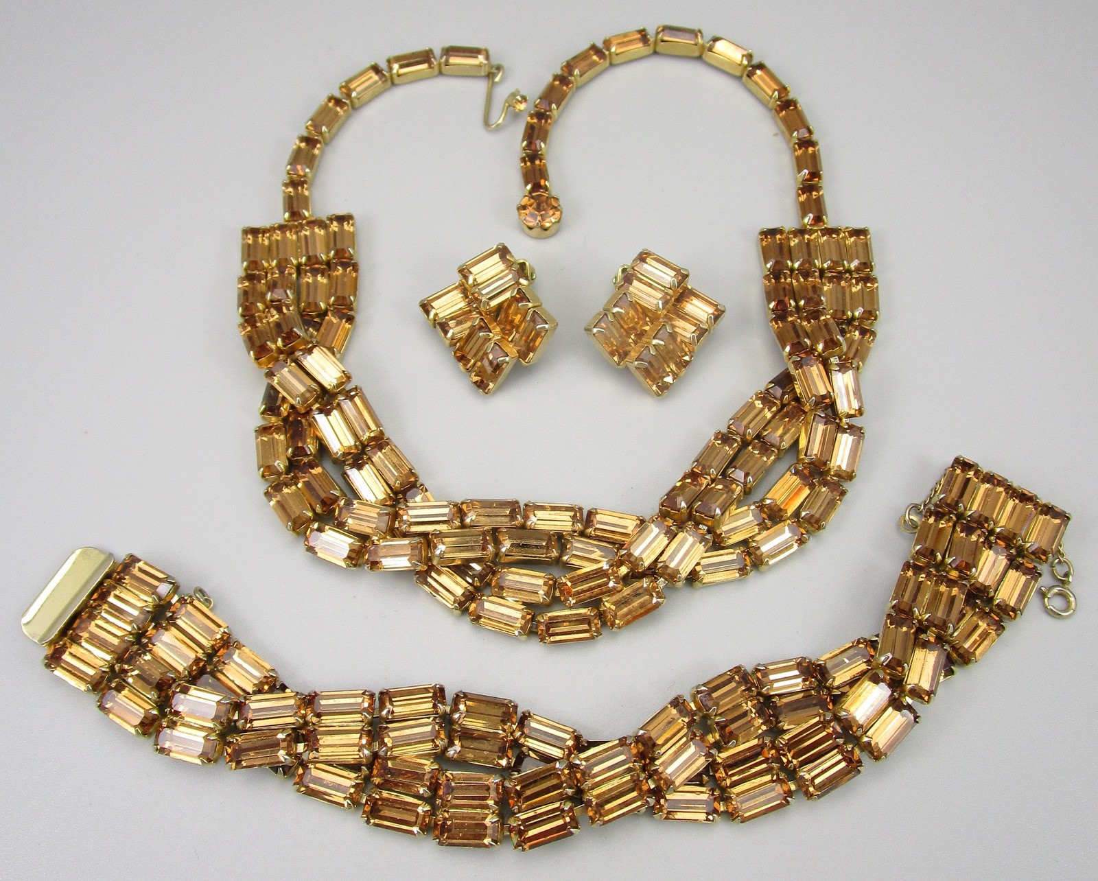 DAZZLING VINTAGE SIGNED WEISS TOPAZ RHINESTONE NECKLACE BRACELET EARRINGS SET