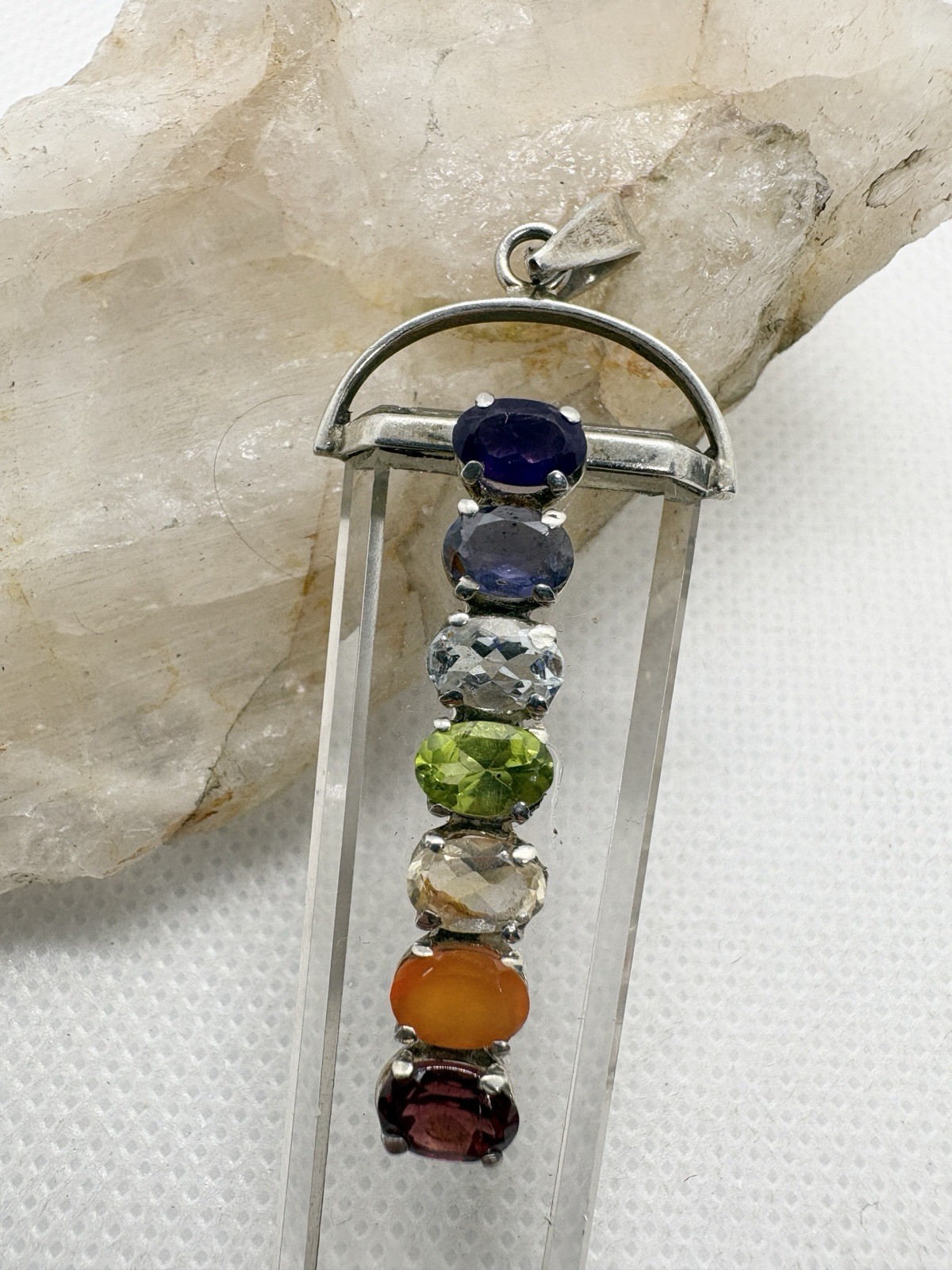Sterling Silver Quartz Point Chakra Pendant Amethyst Peridot Iolite Gemstone