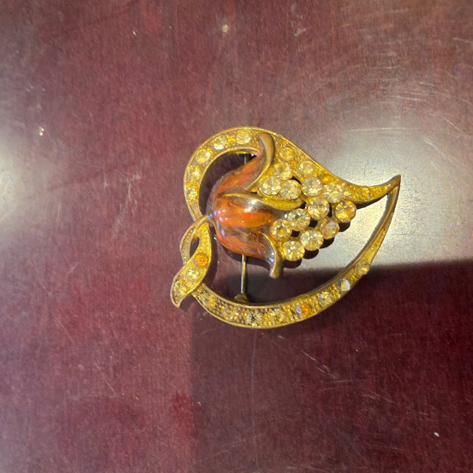 Vintage Gold Tone Tulip Grape Cluster Rhinestone Brooch Pin Enamel Crescent