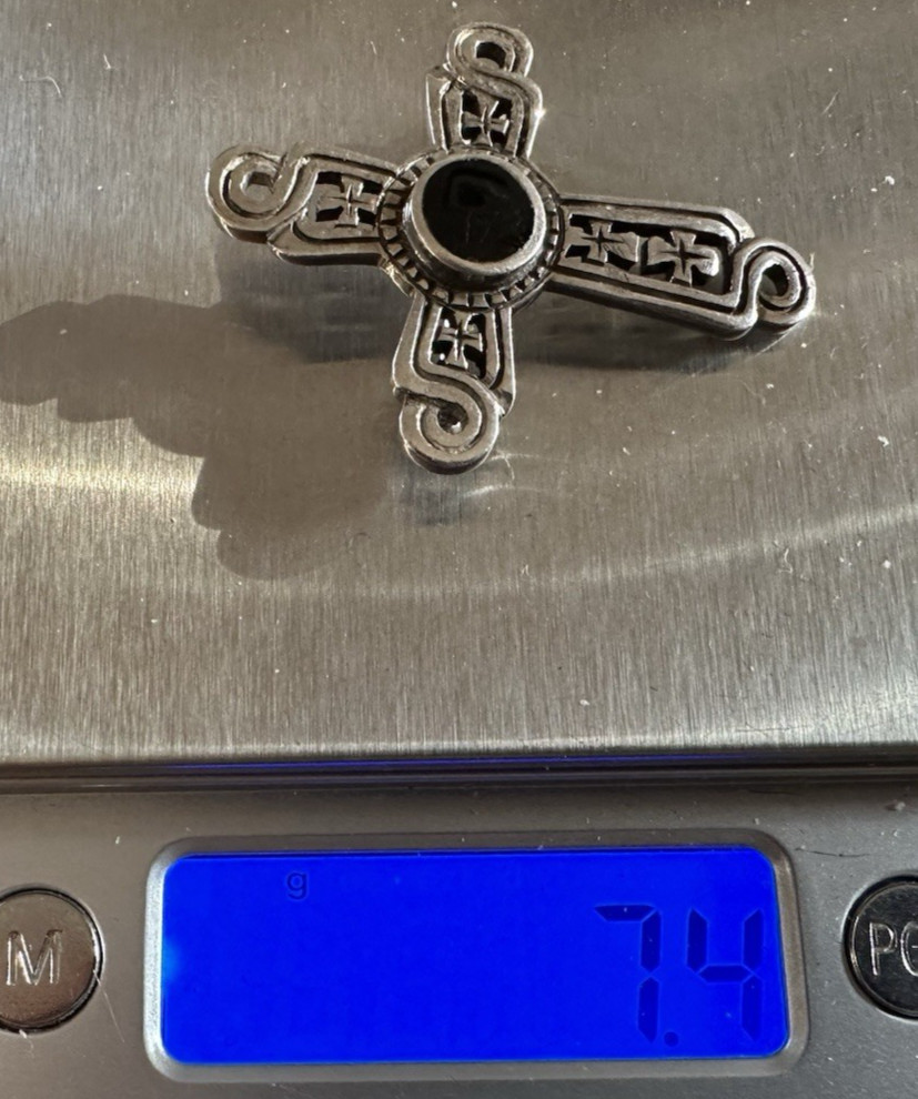 Vintage Sterling Silver Onyx Cross Brooch 2″