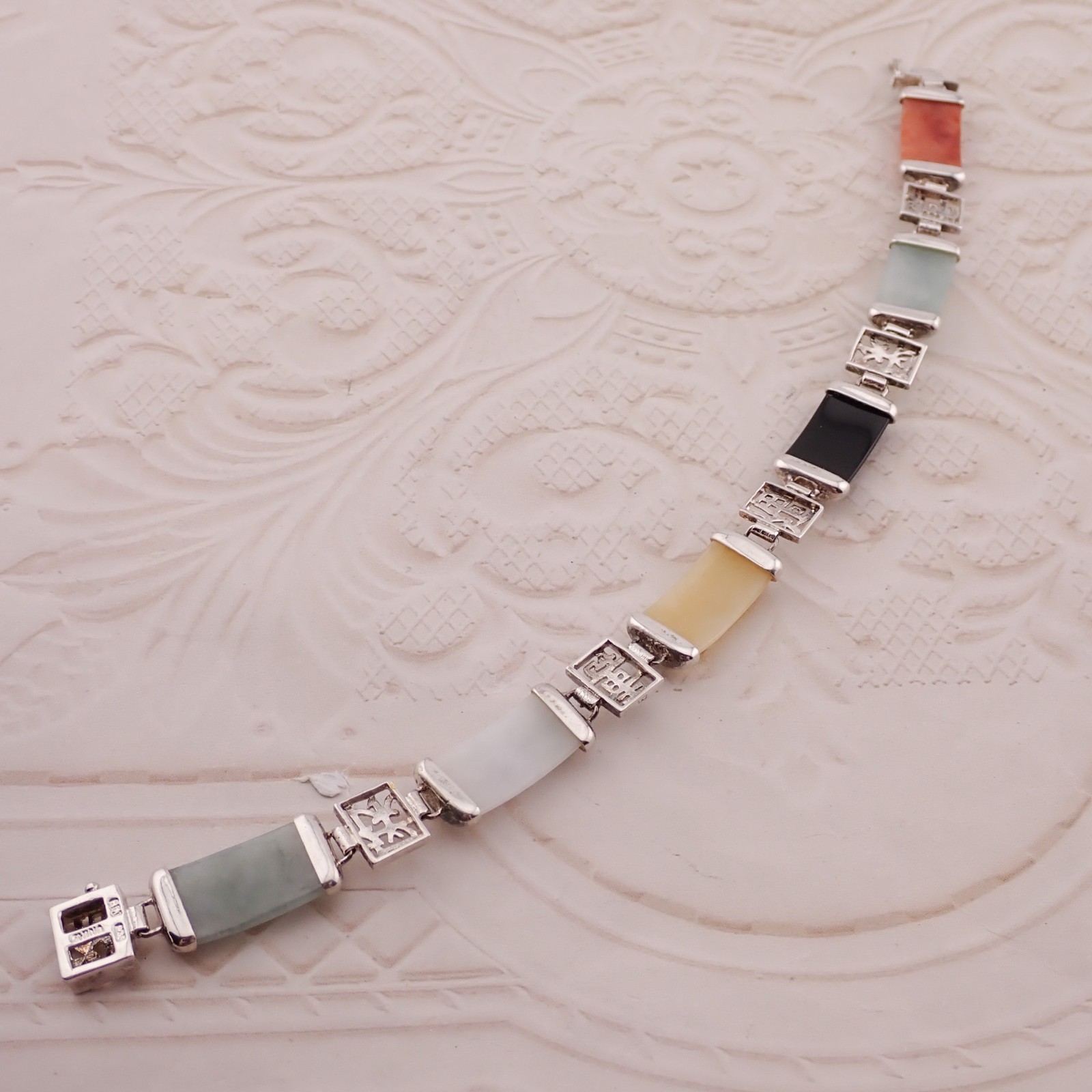 Vintage Sterling Silver Asian Red Green Gold Jade Onyx 7 1/2″ Panel Bracelet