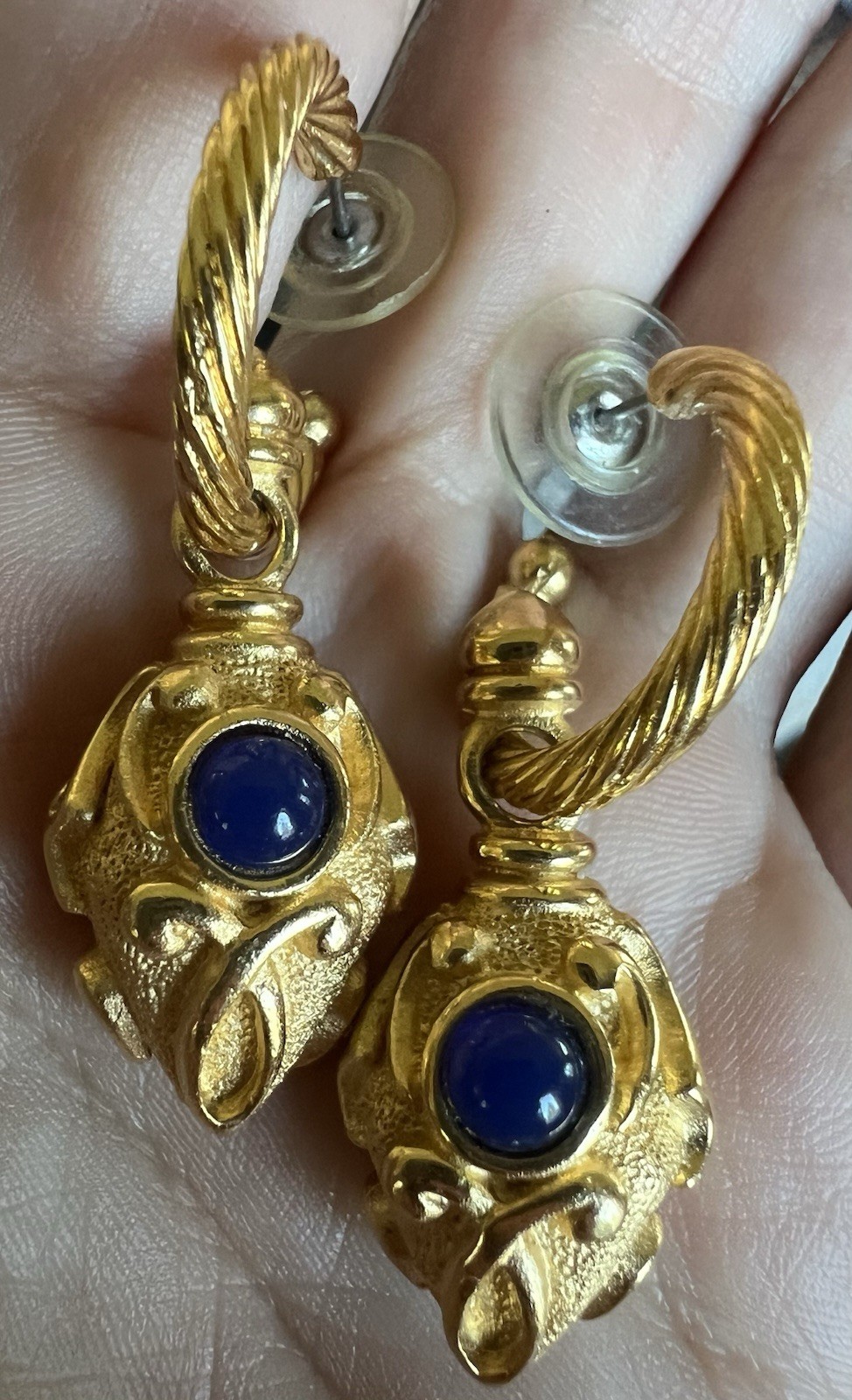 Vintage Estate Gold Tone Faux Cabochon Lapis Lazuli Dangle Drop Pierced Earrings