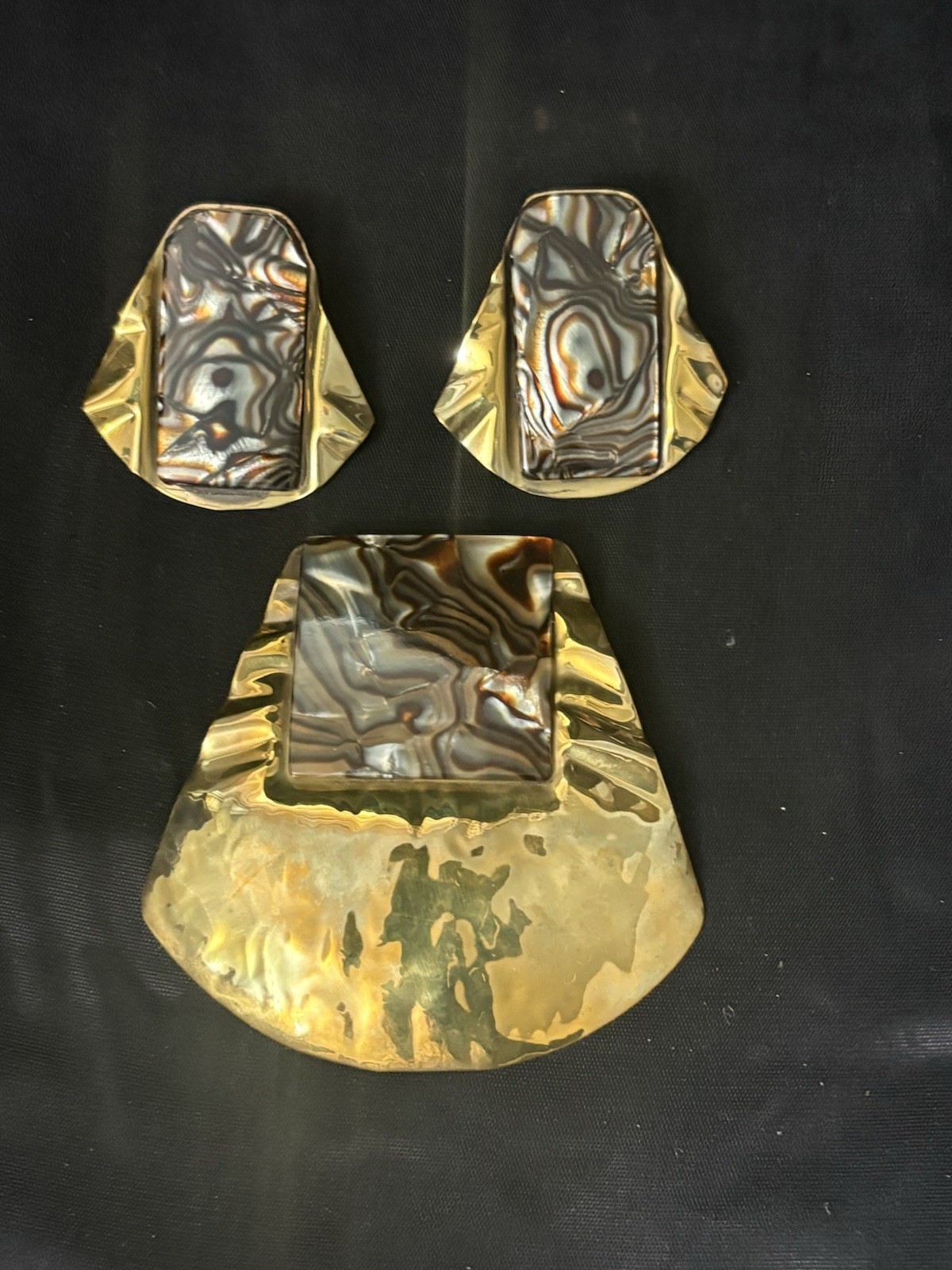 Modernist Brooch Earrings Set Brutalist Bold Studio Artist marble Swirl Signed