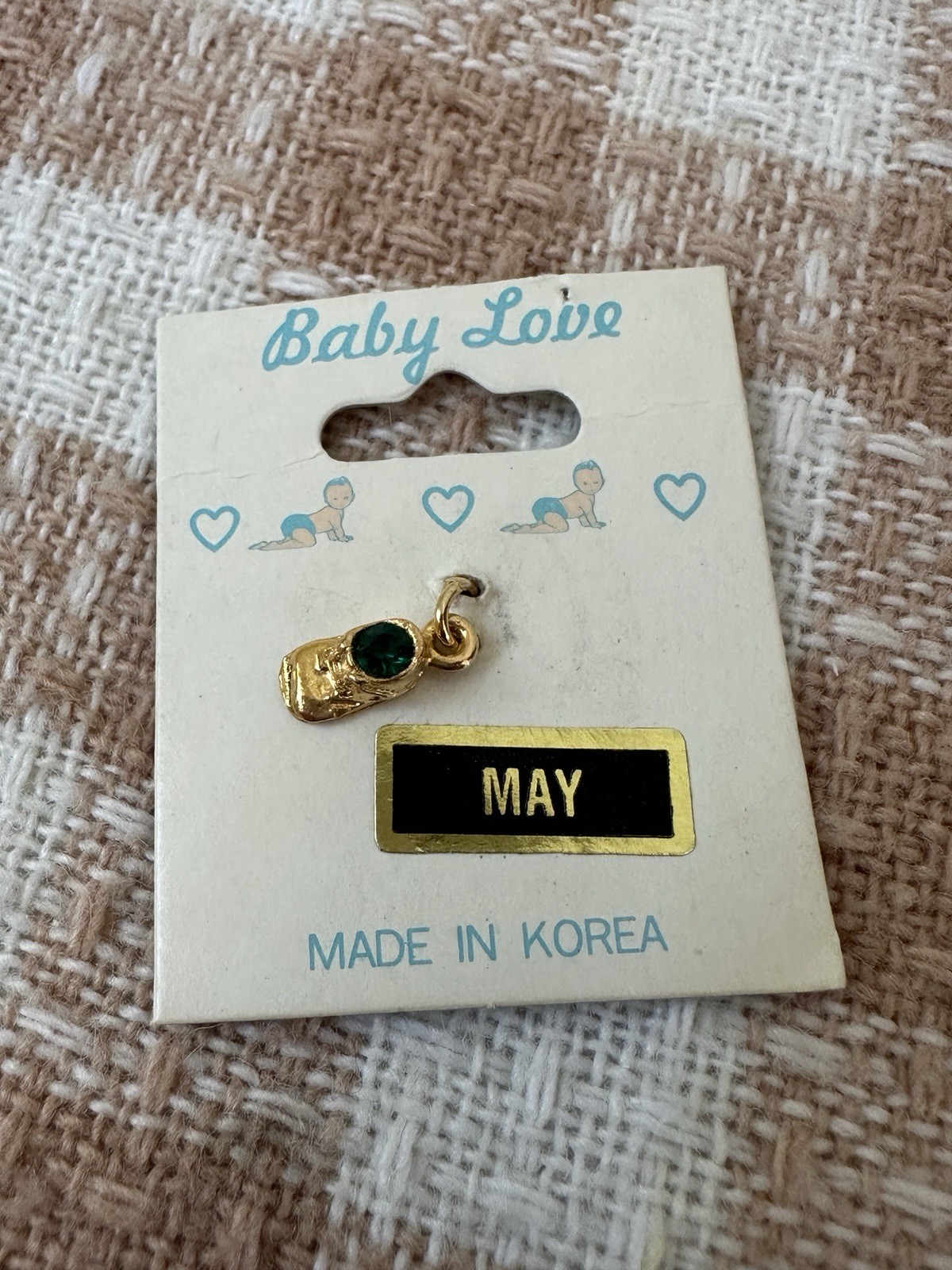 Vintage Baby Bootie May Birthstone Emerald Green Charm Gold-tone