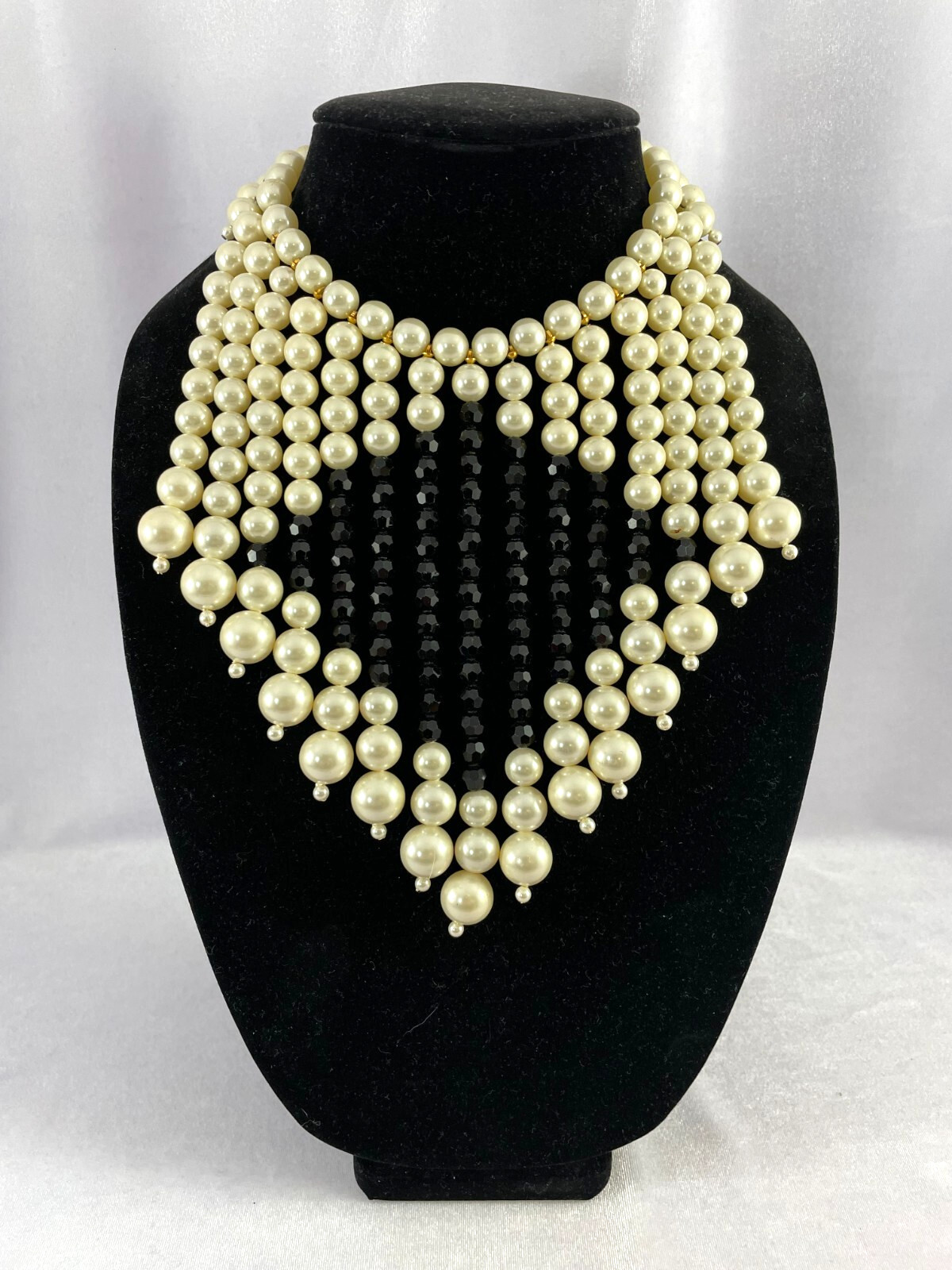 Vtg MARVELLA Fringe Bib Collar Faux Pearl Black Faceted Crystal Choker Necklace