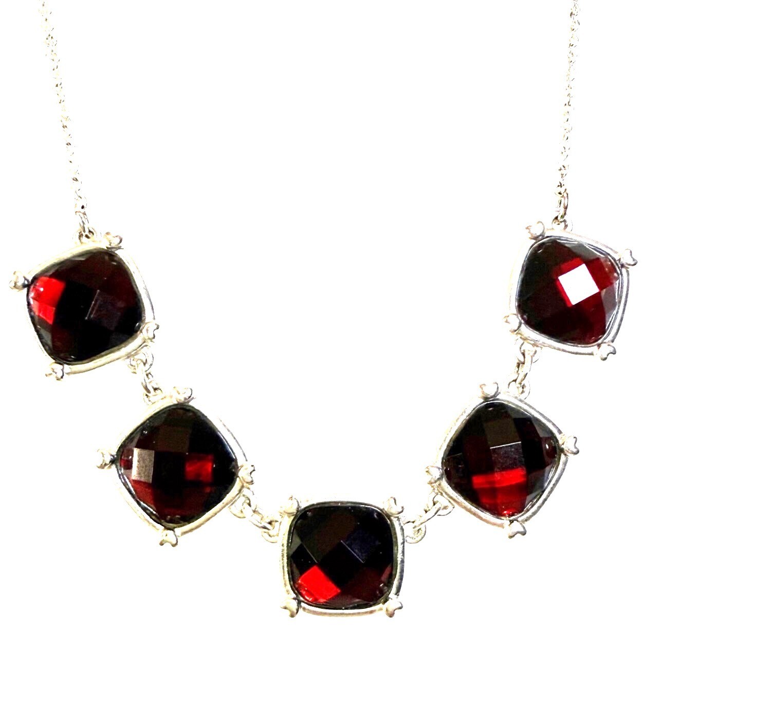 Vintage? Red Gemstone Silver Necklace With Square Faceted Stones