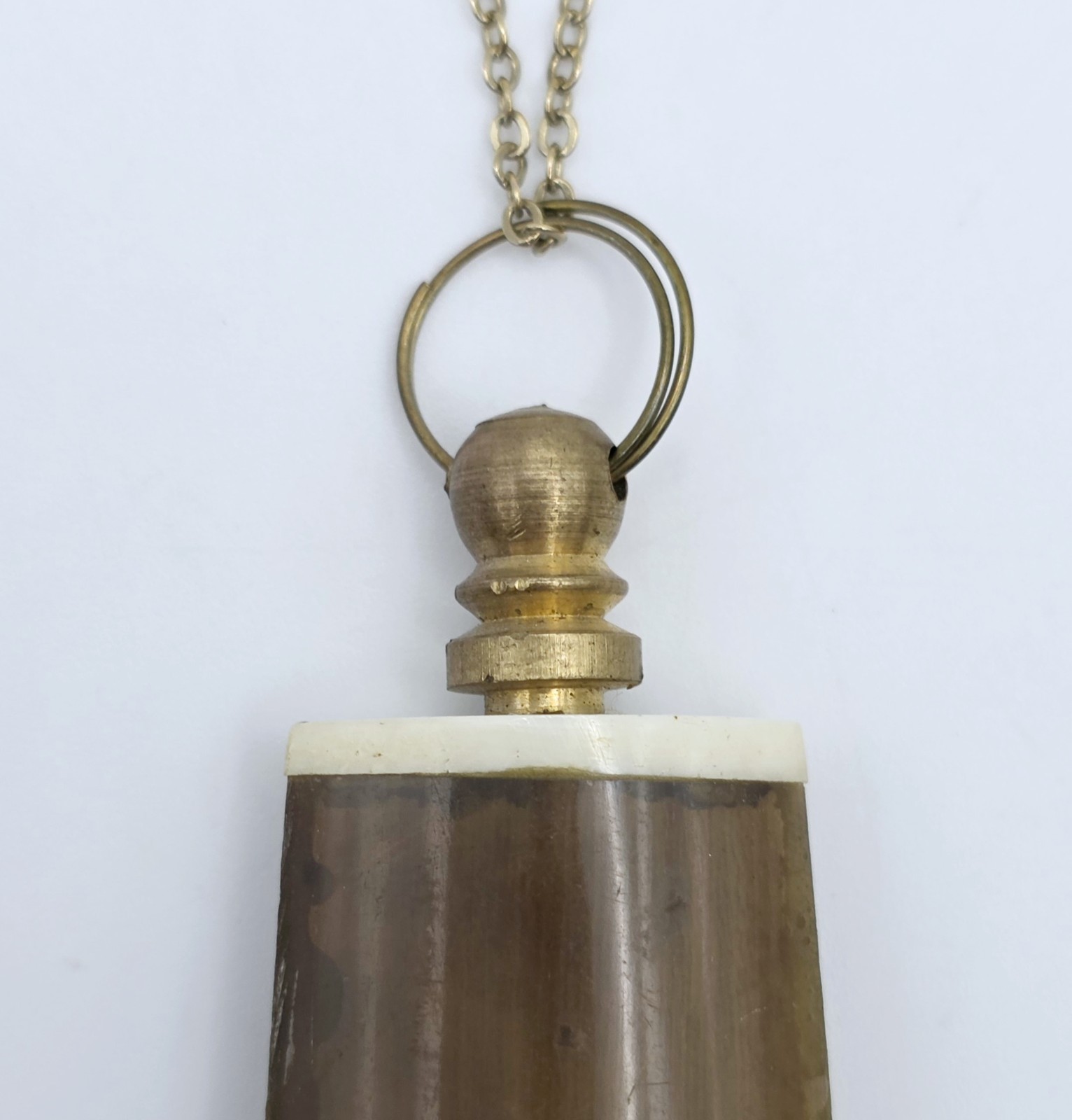 Antique Horn Snuff Bottle Pendant Necklace Brass Perfume Vial Dauber Wand 18″