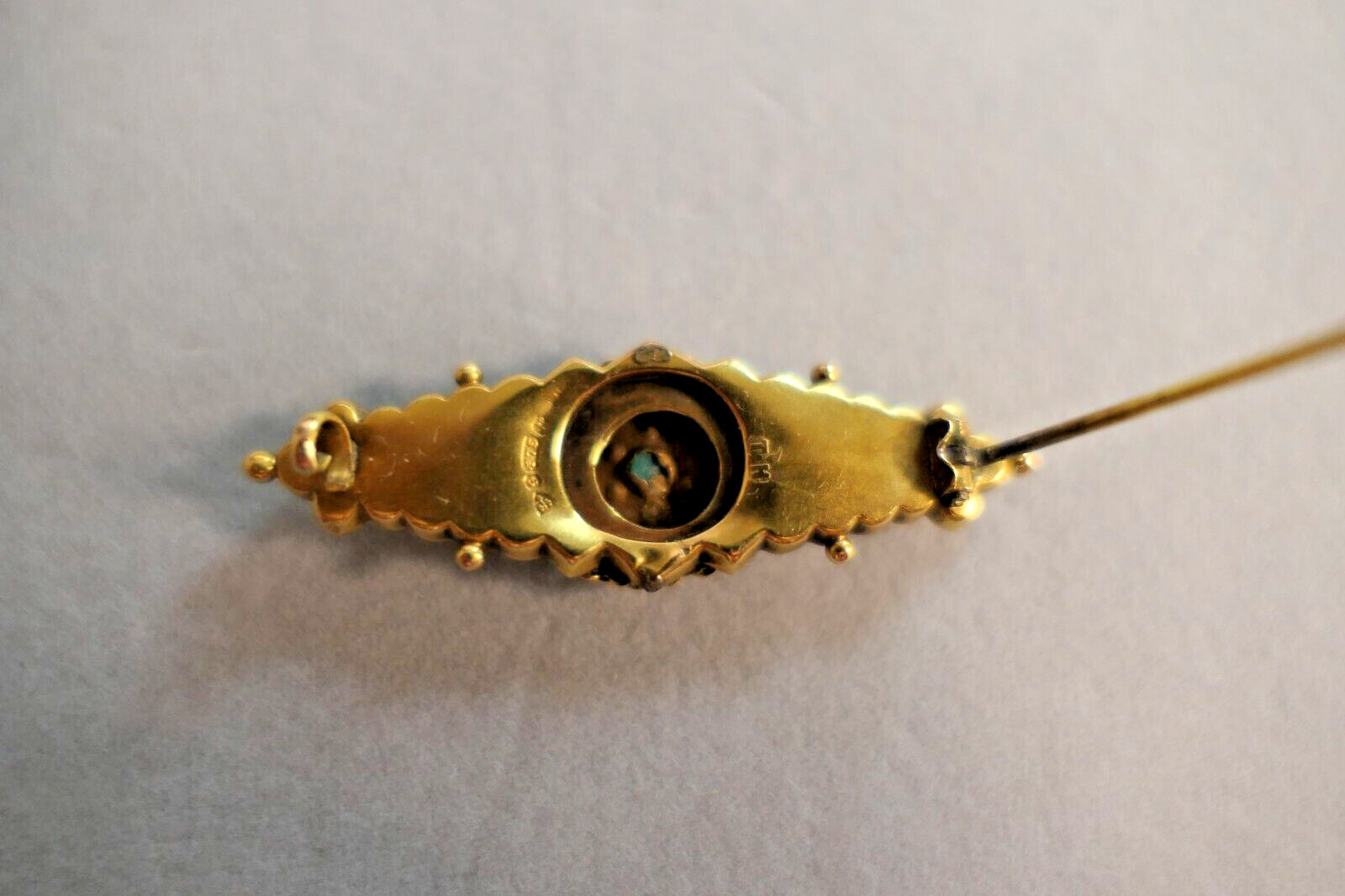 Antique 9K Karat Gold Diamond Turquoise Mourning Brooch Hallmarks Tested *READ*