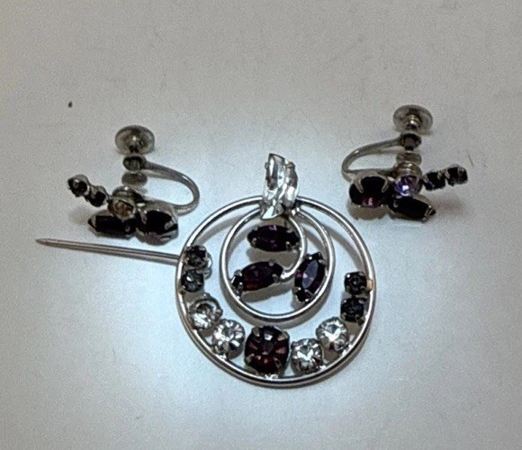 Vintage Earrings & Brooch Silver tone With Amethyst & Grey & White Rhinestone