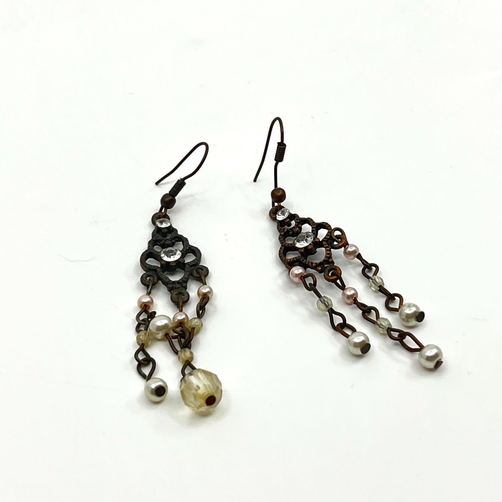 Vintage Antique Bronze Tone Chandelier Earrings Faux Pearl Rhinestone Dangle Y2K