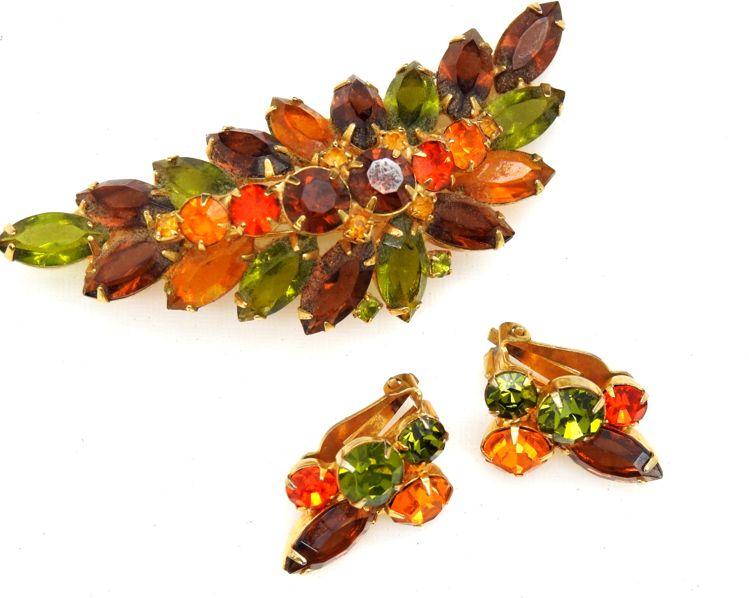 Juliana Rhinestone Brooch Clip Earrings Set Fall Colors Demi Parure Vintage