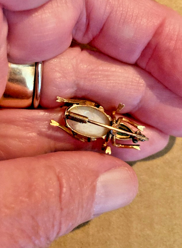 14k Insect Bug Vintage Pin 14k Gold Opal Jade Signed BIN