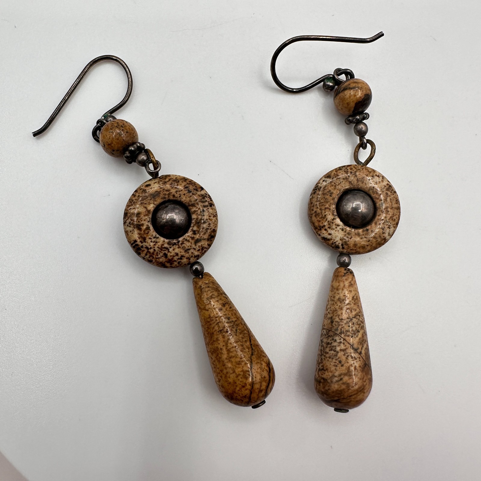 Vintage 90s Natural Jasper Stone Dangle Earrings Brown Boho Earthy Drop Jewelry