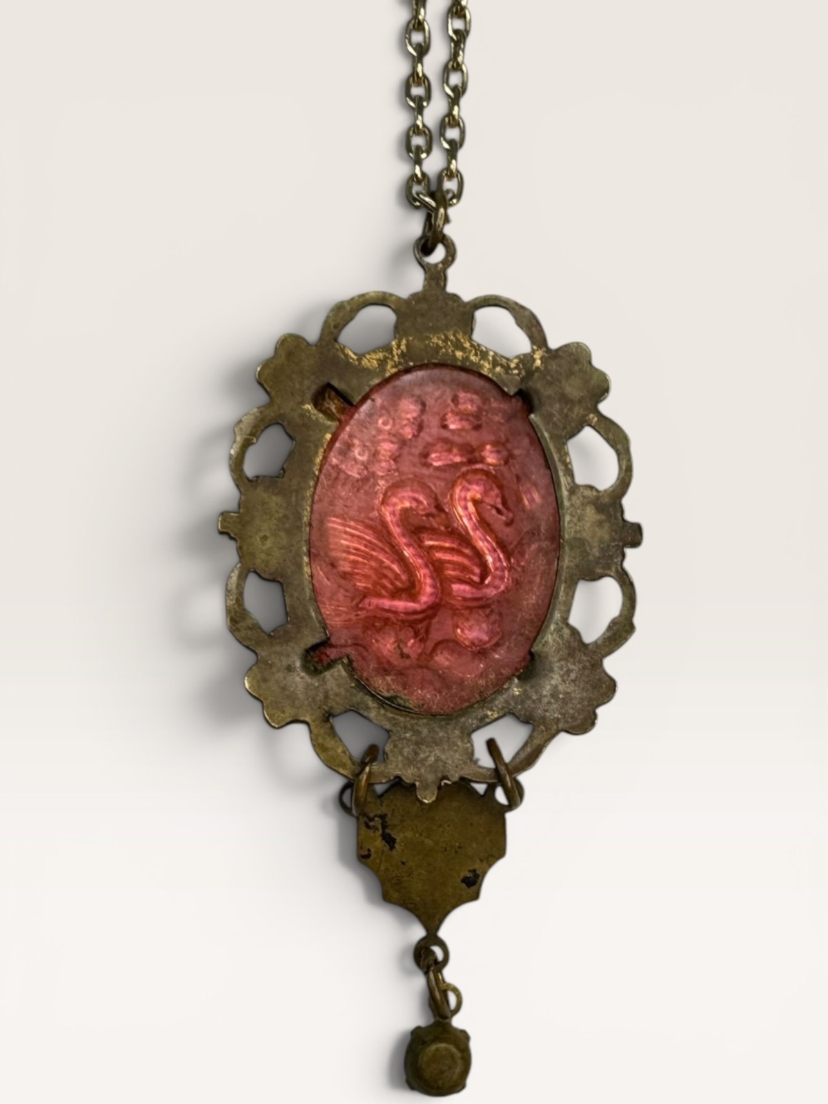 Glass Works Studio Red Swan Pendant Necklace Vintage Gold Brass 1980s