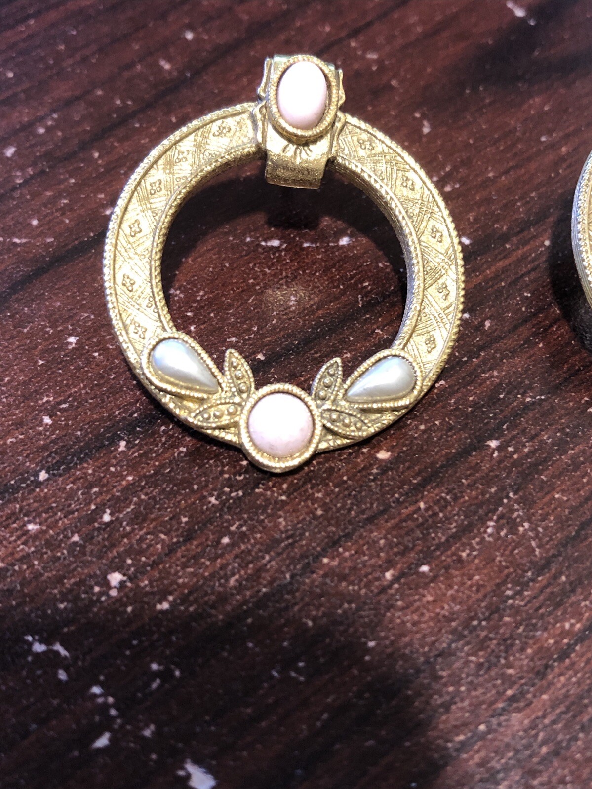 1928 Style Gold Tone Pierced Earrings Faux Pink Pearl and Gray Teardrop w/Brooch