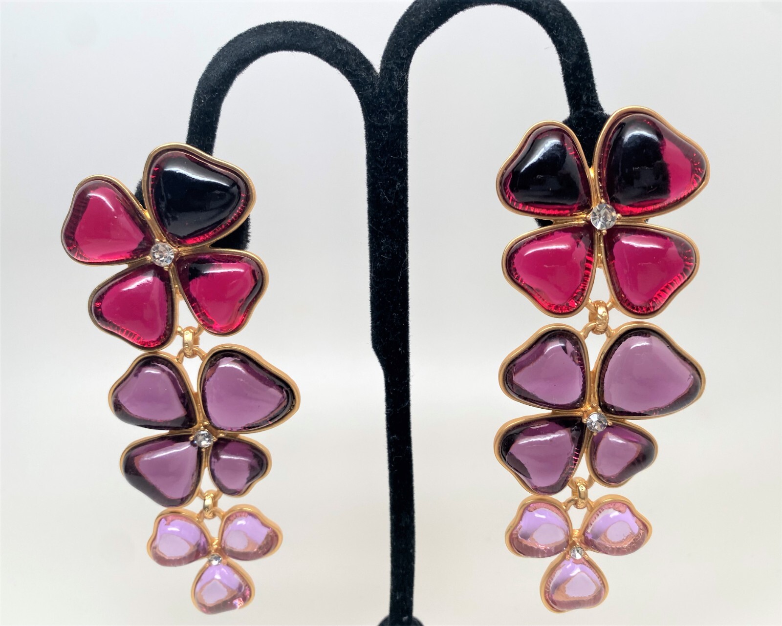 Vibrant Red, Purple & Pink Glass Cabochon Gold Plated Clip on Long Earrings