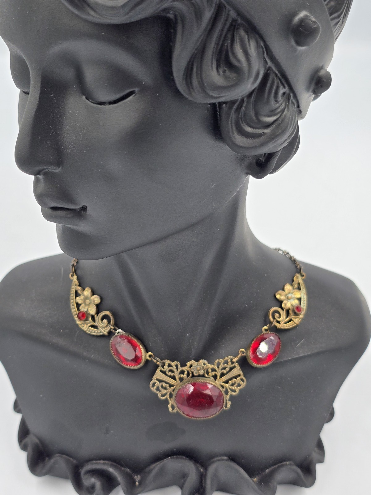 Antique Brass Filigree Necklace Red Glass Stones Art Deco Nouveau Style