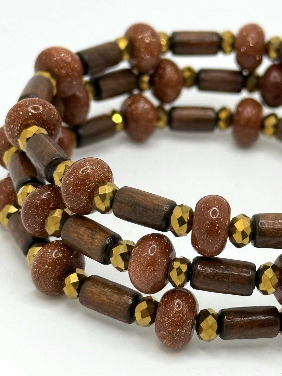 Vintage Bracelet Wood Goldstone Gemstone Wired Wrap Multi-strand Bohemian Boho