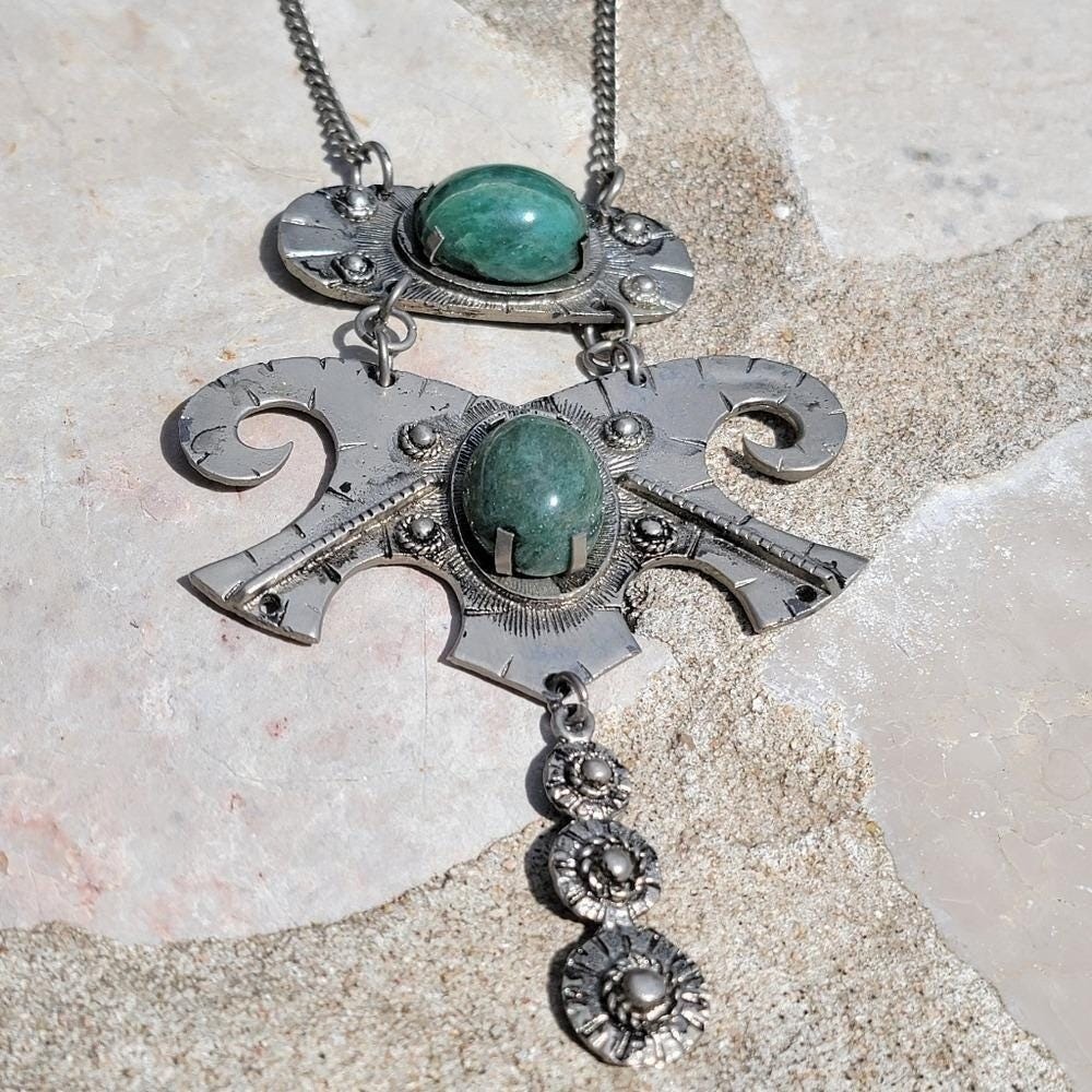 Vintage Made in Brazil Statement Necklace Green Cabochon Silver Tone Pendant 6″