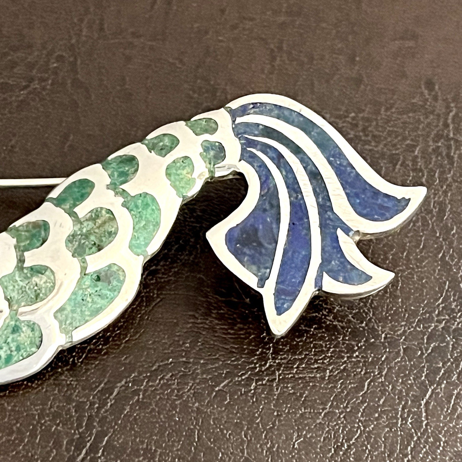 Vintage Los Castillo sterling silver crushed stone inlay fish pendant or brooch