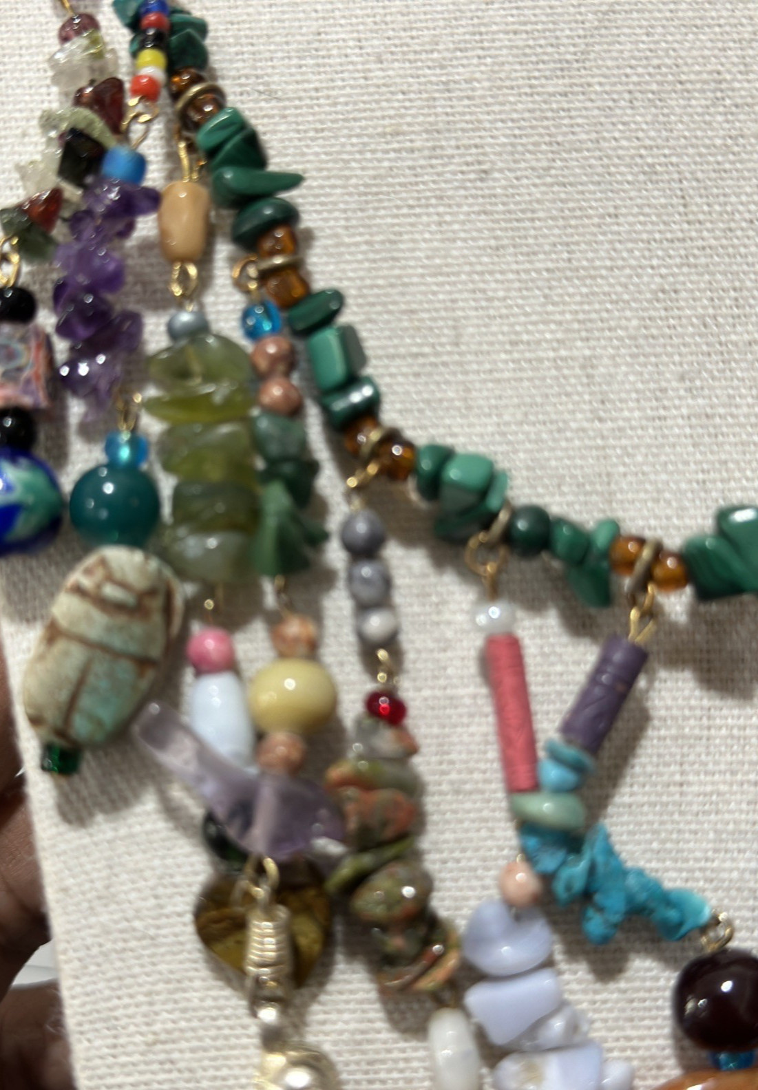 Vintage Multi Gemstone Charm Necklace Green Bead Strand Dangle Drop Boho Ethnic