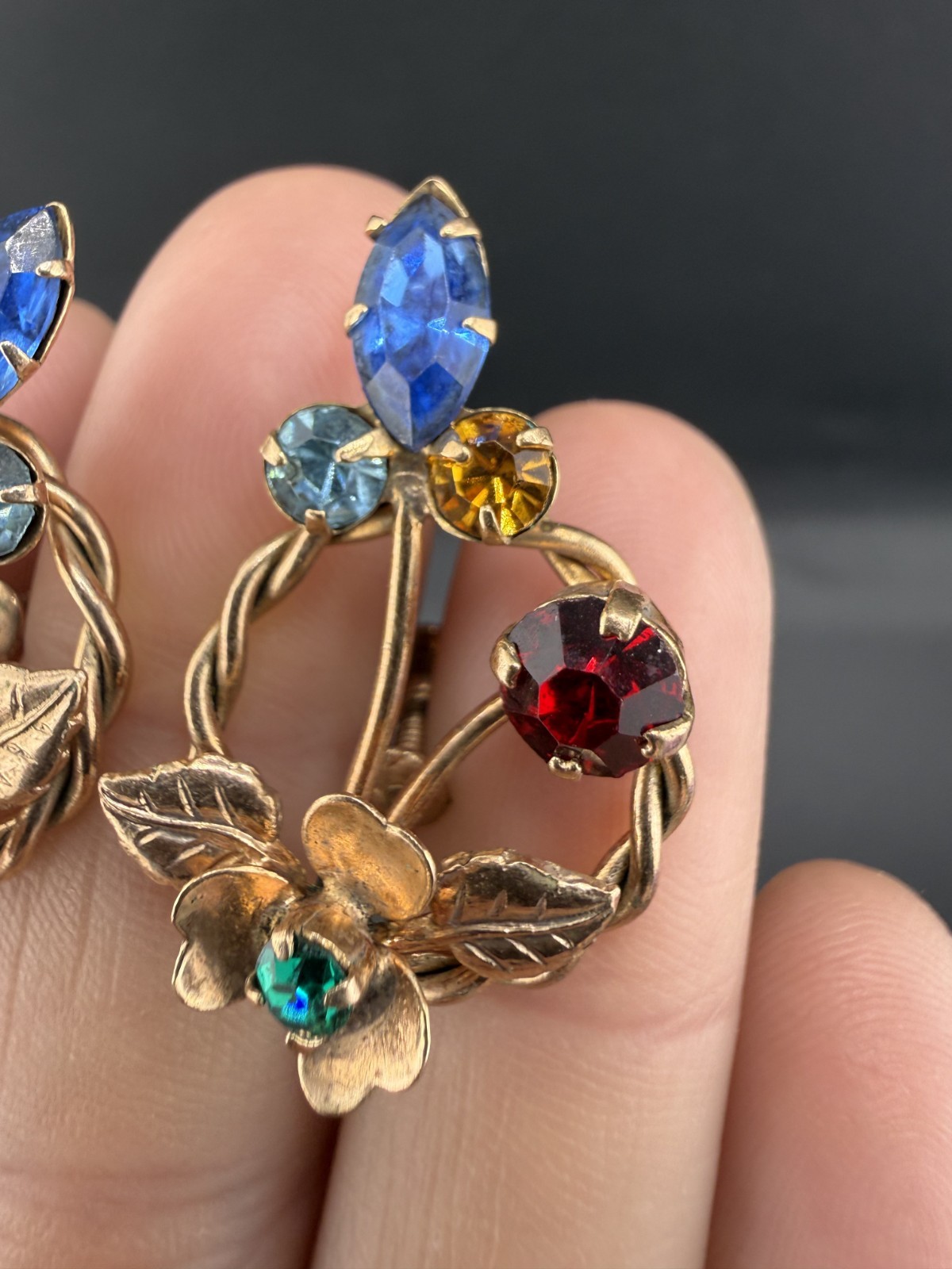 Vintage Austrian Earrings Blue Red Green Rhinestone Gold Tone Screw Back