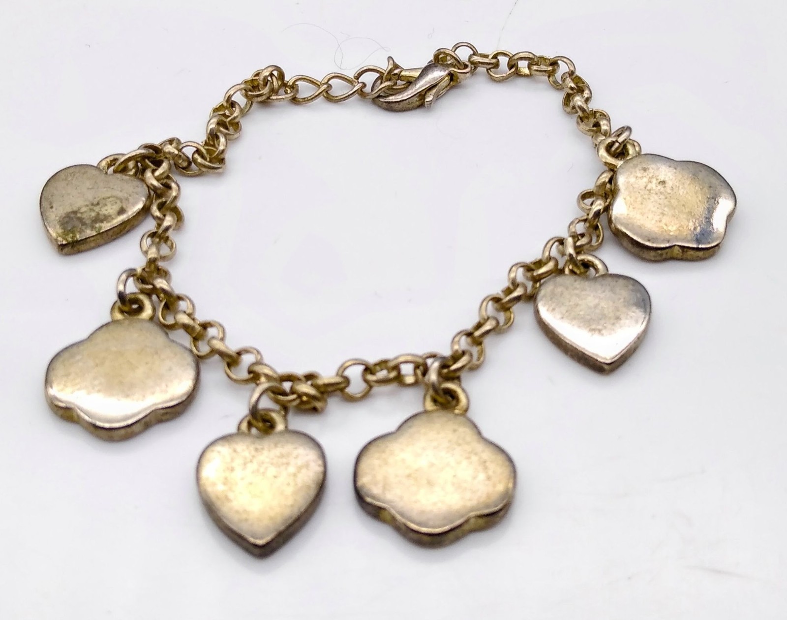 Vintage Hearts and Flowers Charm Bracelet, Silver Tone Dangle Bangle is Whimsica