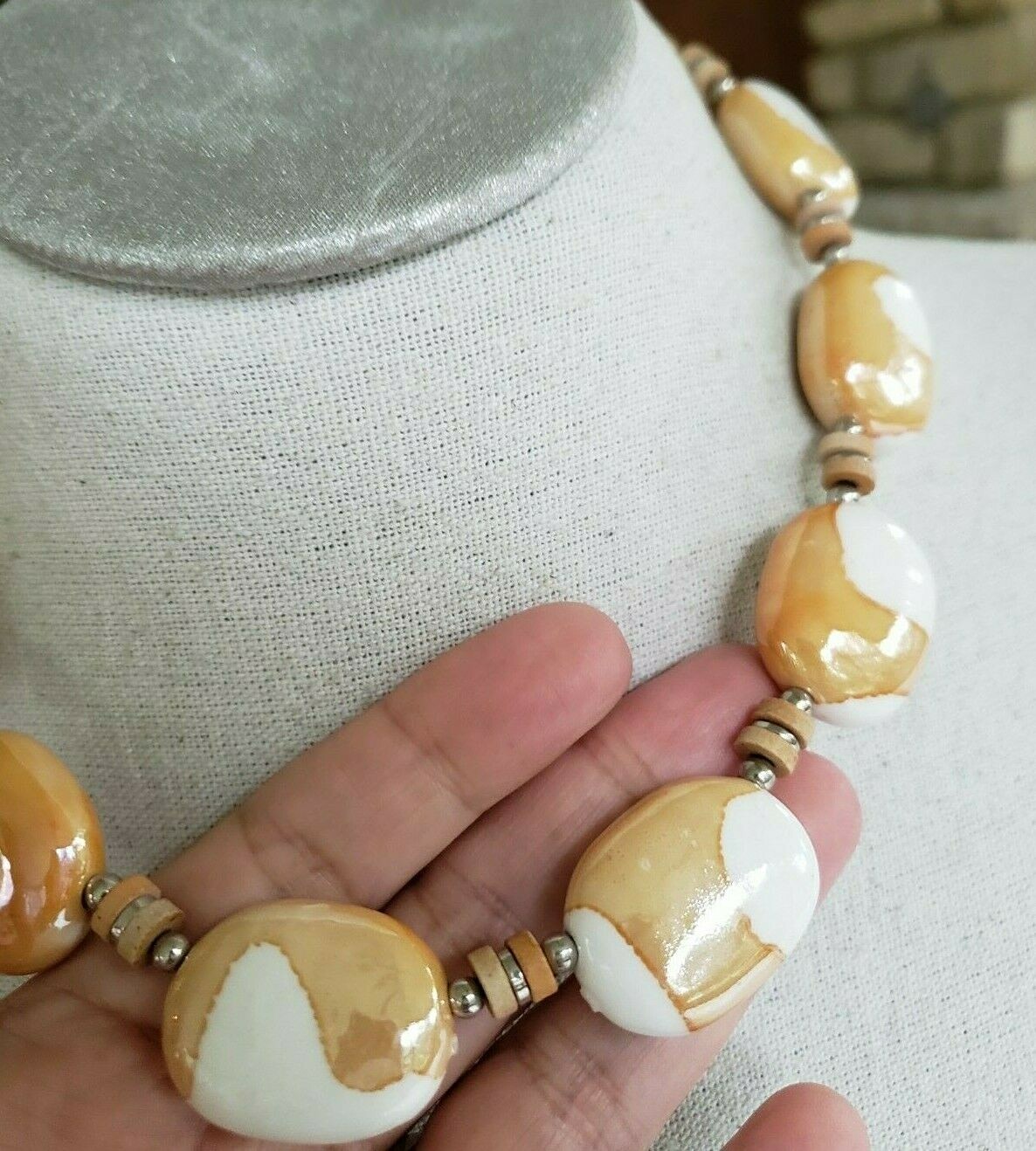 Vintage Peach White Ceramic Necklace Pierced & Clip Earrings Set Dahlkempers Box