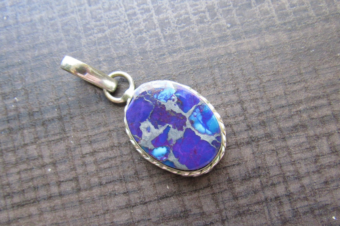 Vintage Silver Pendant Purple & Blue Turquoise Stone Bezel Set Flat Cabochon