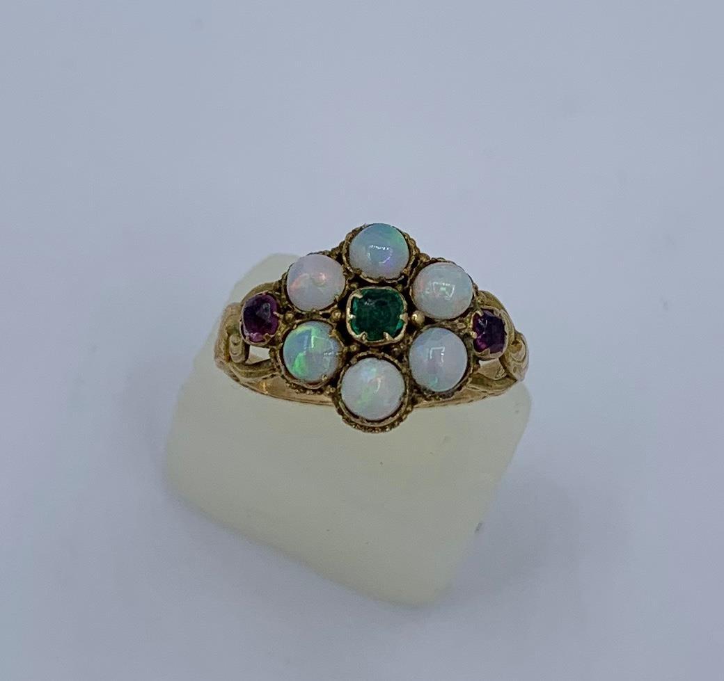Victorian Opal Emerald Ruby Ring Antique Wedding Engagement Ring 14 Karat Gold