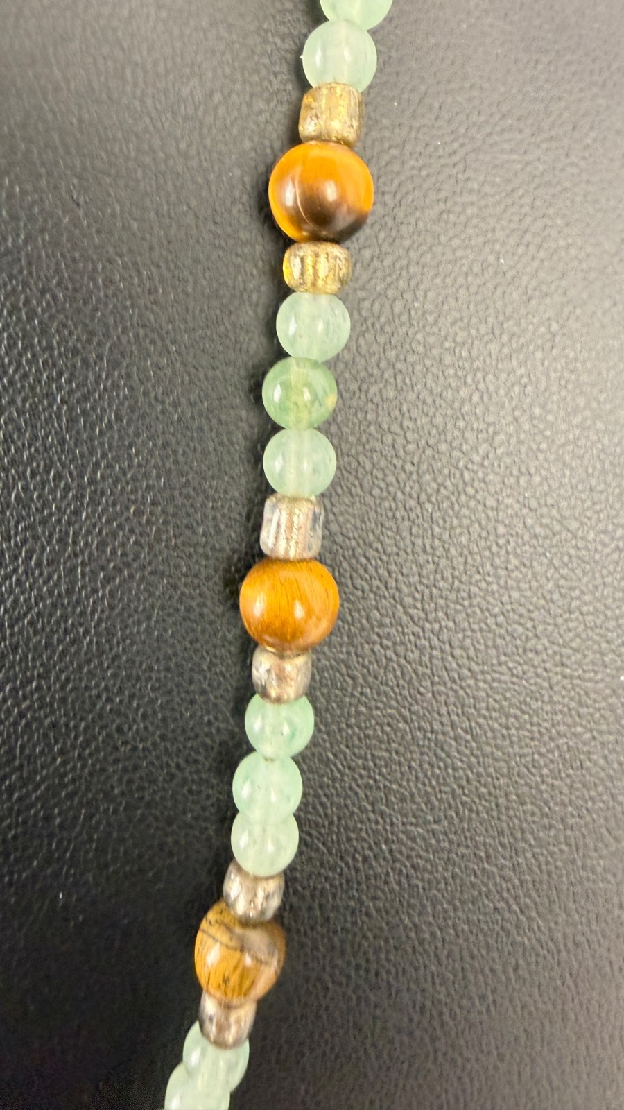 Green Aventurine & Tiger’s Eye Beaded Necklace | Carved Stone Frog Pendant 18″
