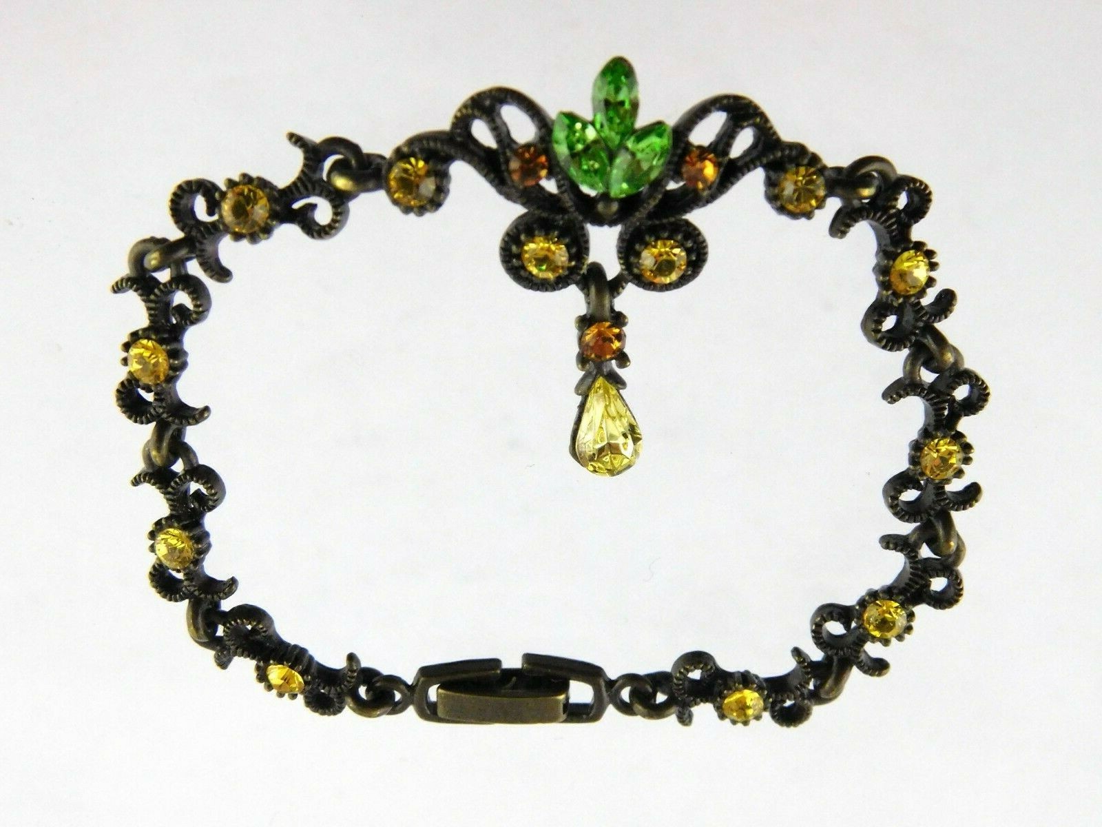 Vintage Bronze Tone and Rhinestone Bracelet Snap Clasp Floral Design Unbranded
