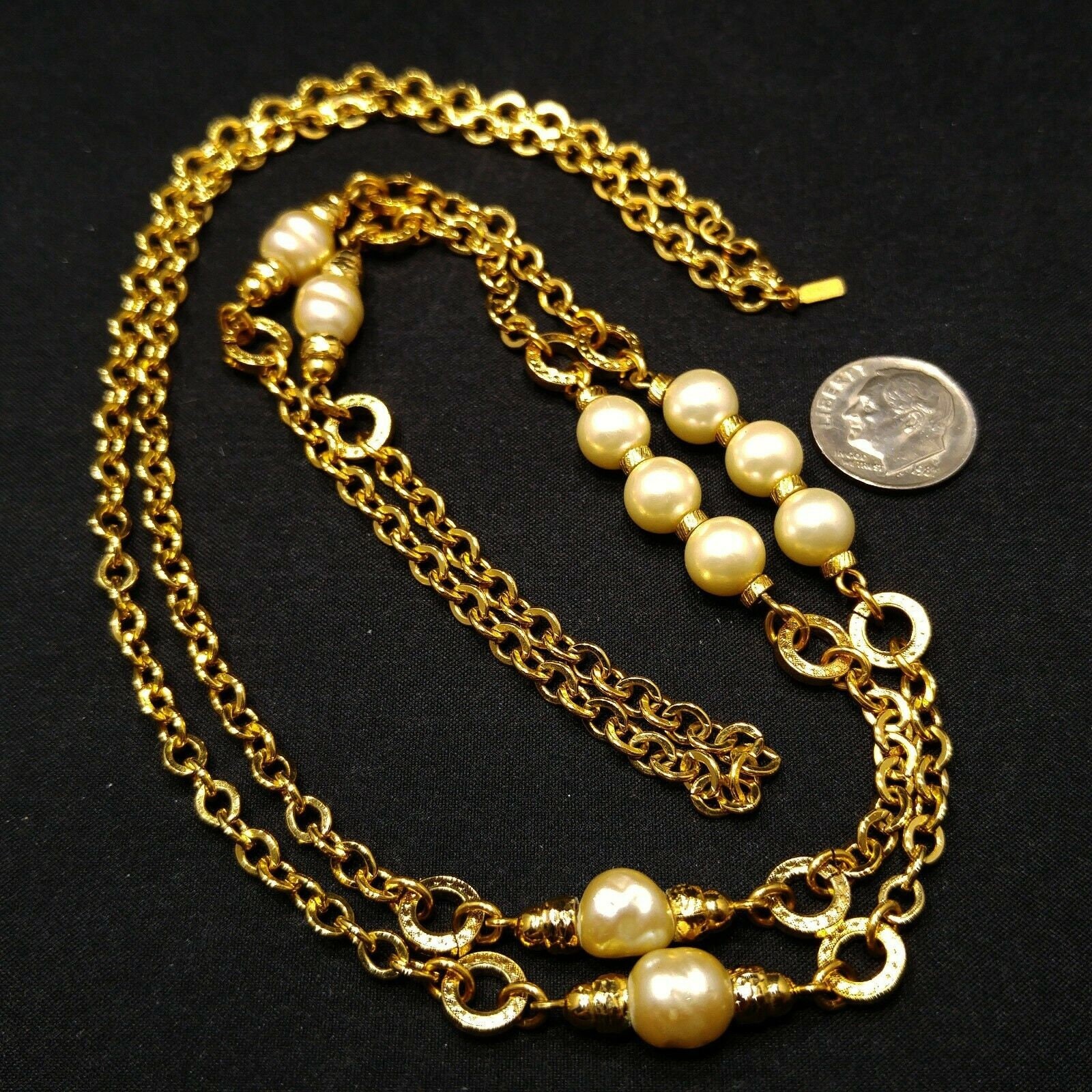 Vintage Monet Long Gold Chain Necklace Faux Pearls 1970s Sister Clasp 36″