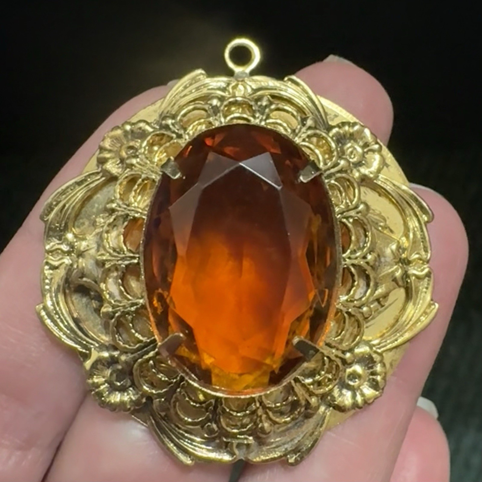 Vintage Victorian Revival Filigree Pendant Honey Amber Glass Gold Tone Ornate