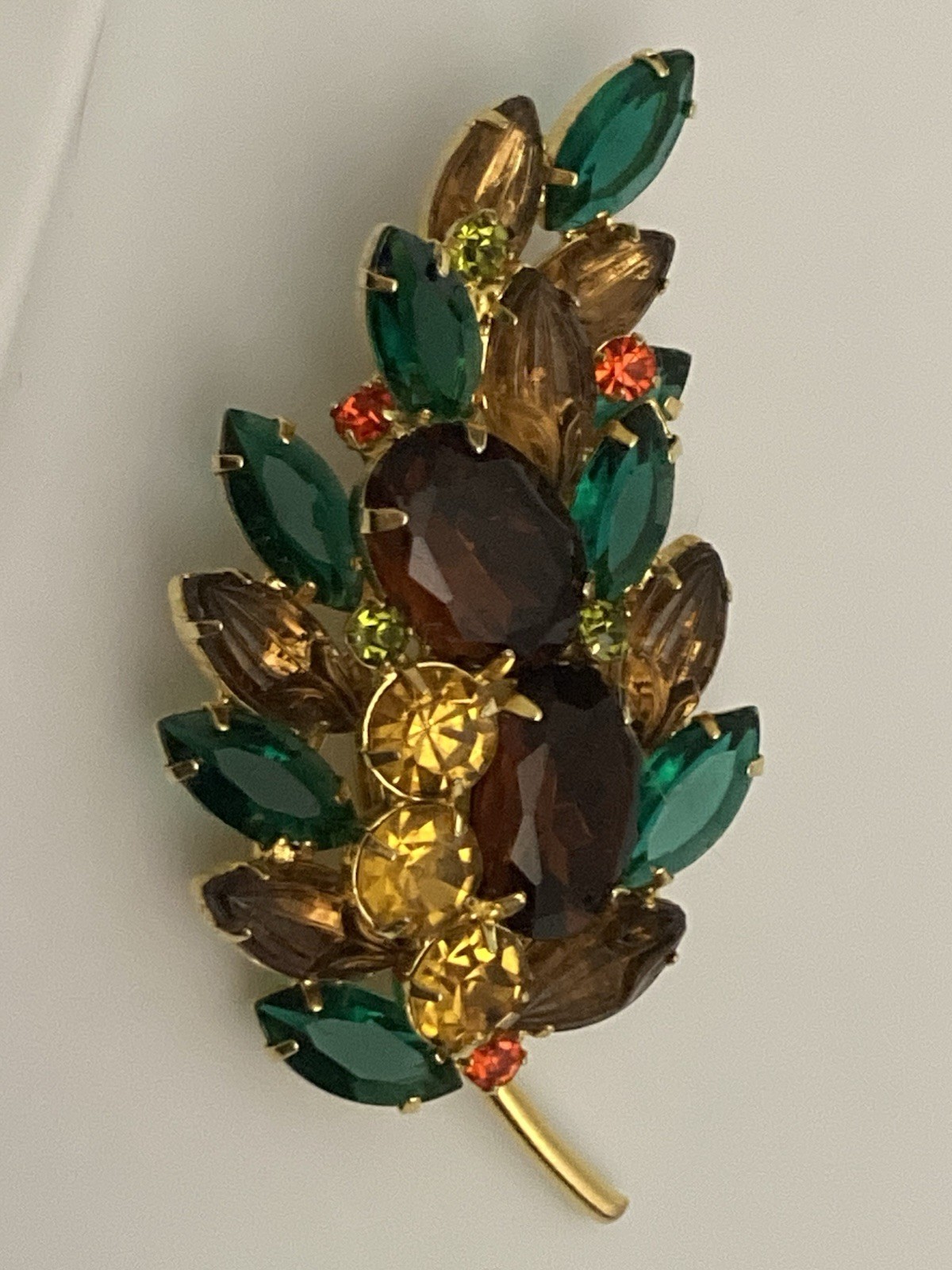 Vintage Stunning Stacked Rhinestone Leaf Brooch, Fall Colors