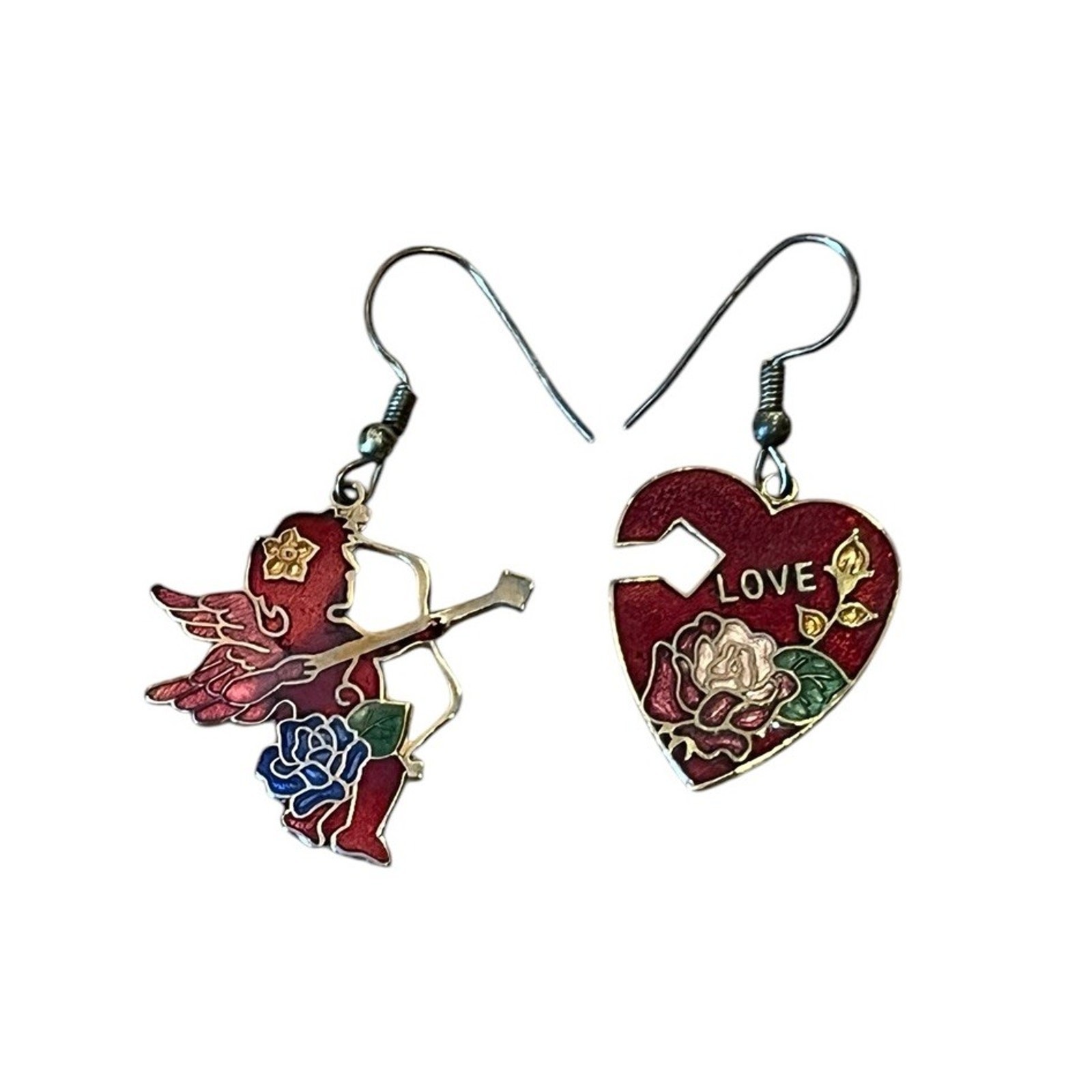 VTG Cloisonné Enamel Earrings Heart Love & Cupid 2” Gold Colored Metal 1980s