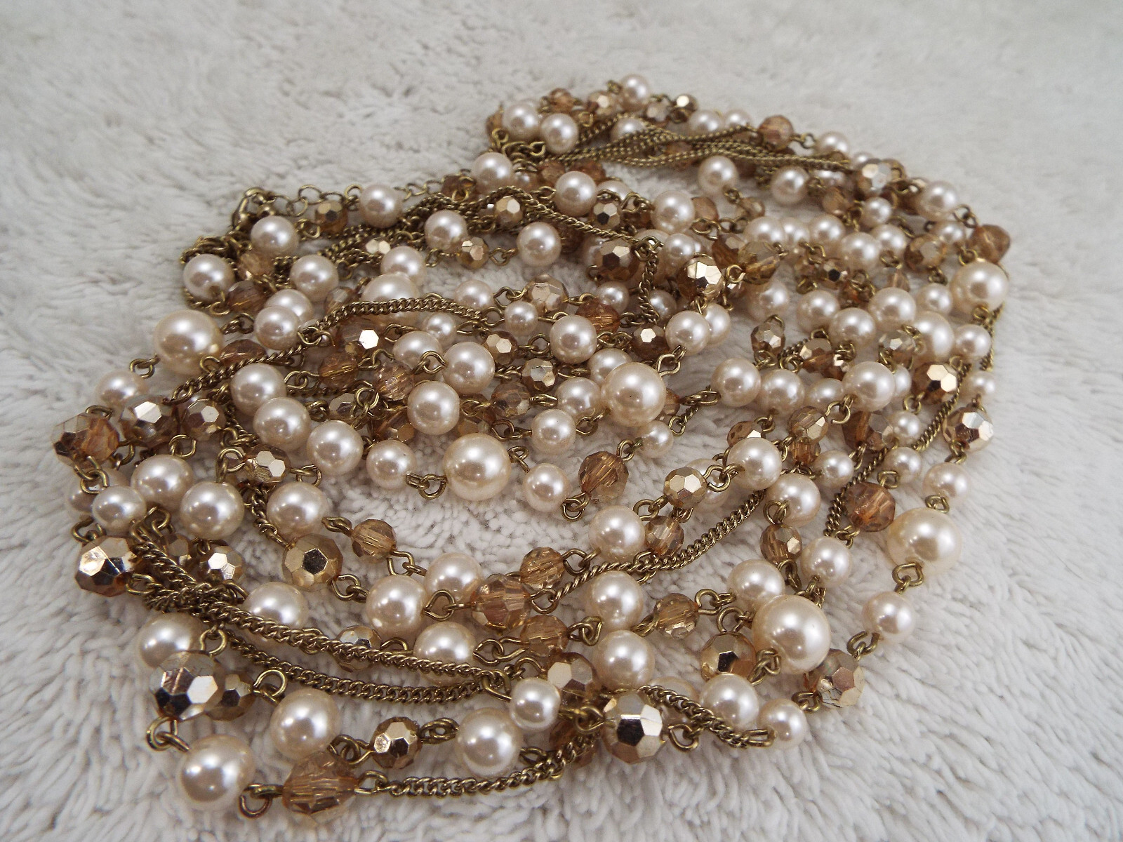 Goldtone Champagne White Bead Multi Chain Necklace (D15)
