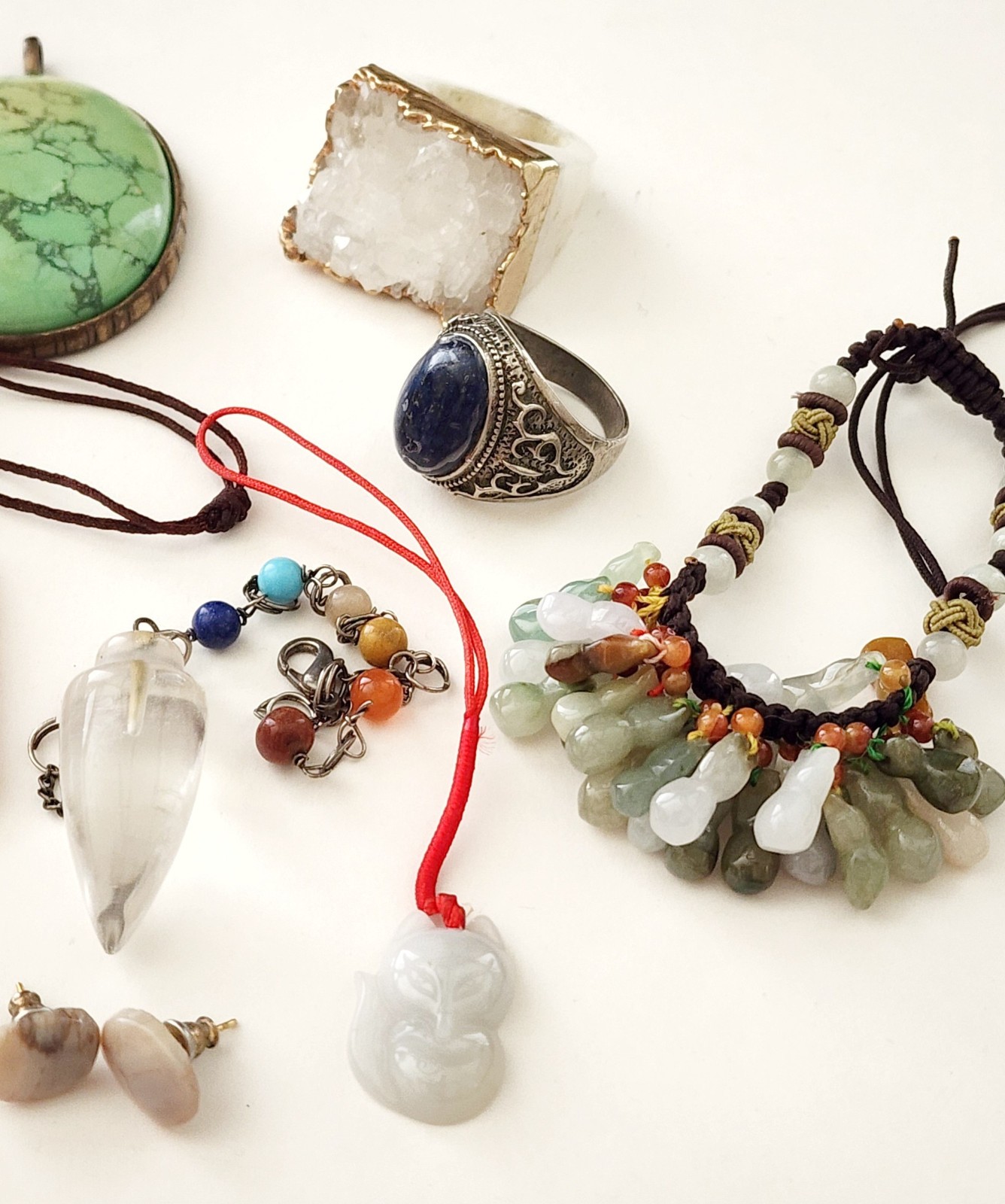 Vintage Gemstone Pendant Necklace Earrings Bracelet Ring Asian Style Lot of 13