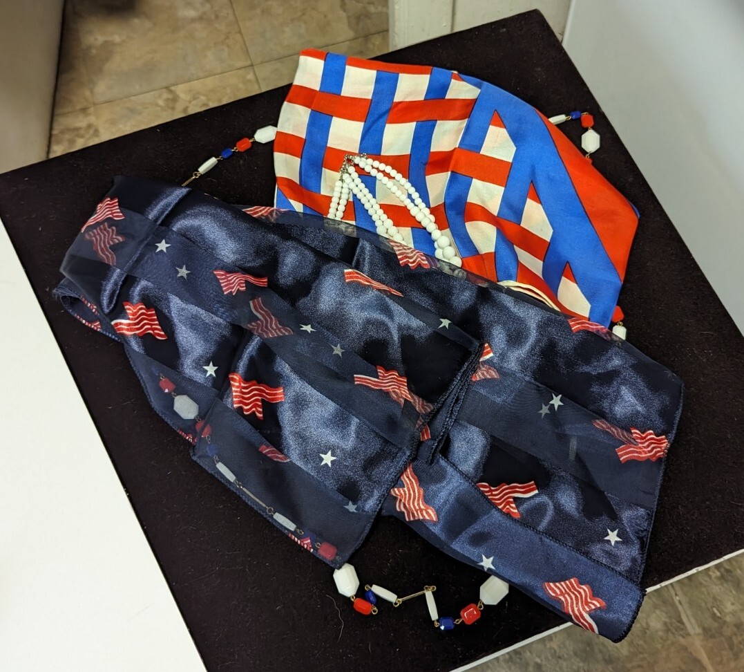 Vintage 60s 80s Patriotic USA Red, White and Blue jewelry and MCM Scarf Lot