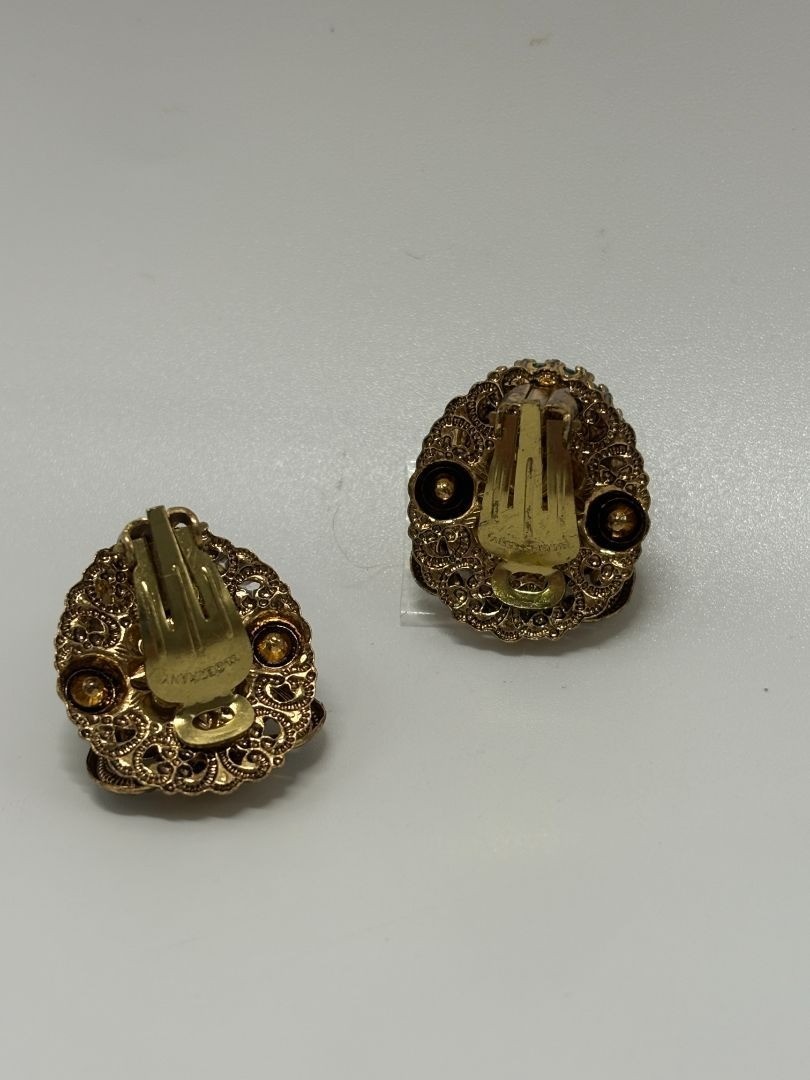 W. Germany Gold/Green Vintage 1950s Layered Filigree Brooch & Earrings Parure Se