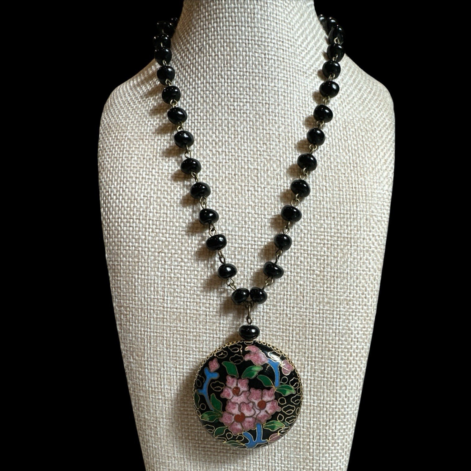 VTG RARE Signed Miriam Haskell Cloisonné Necklace Medallion & Glass Bead 18”