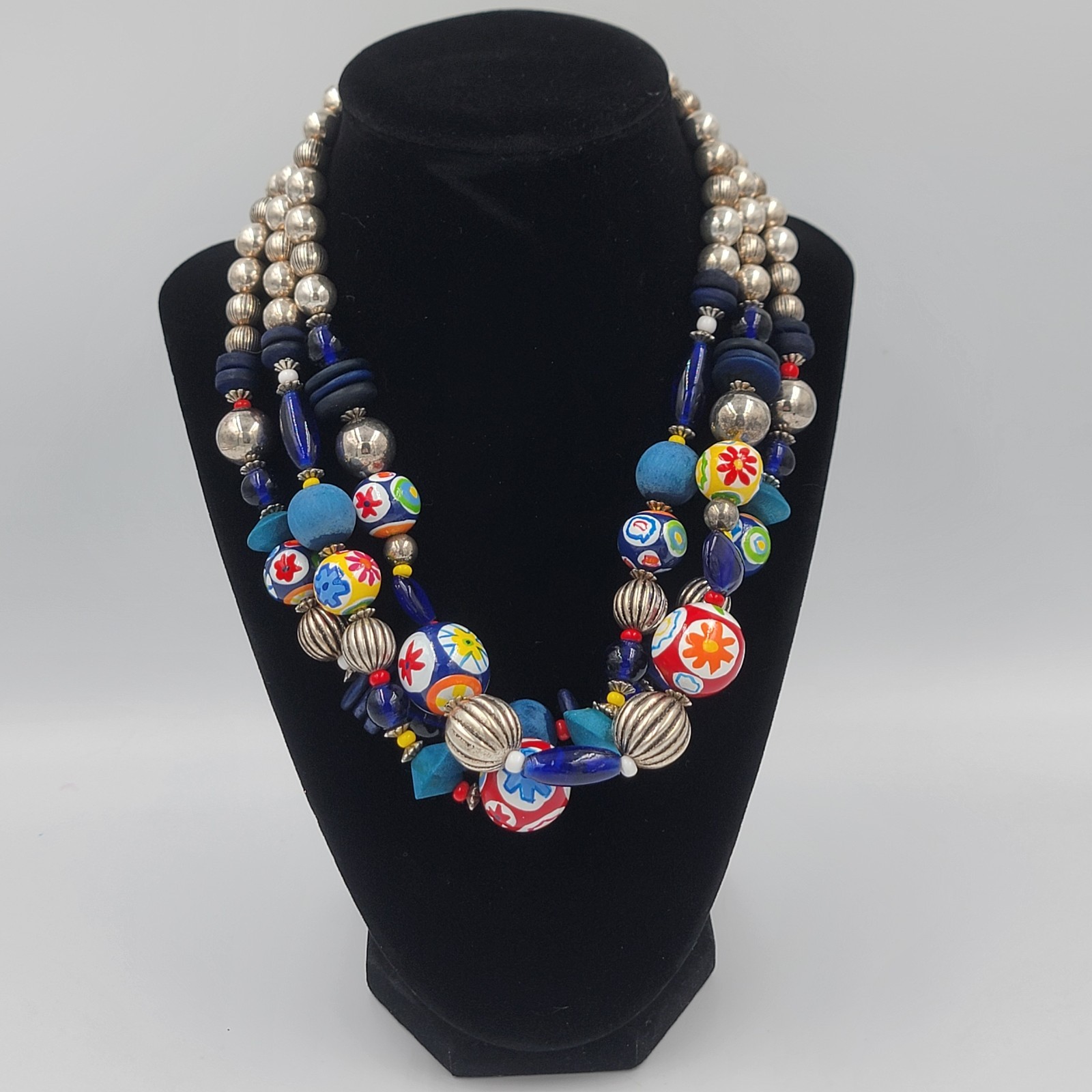 Vtg 80s Boho Multi-Strand Wood Ceramic Beaded Necklace Chunky Blu Red Yel Tribal
