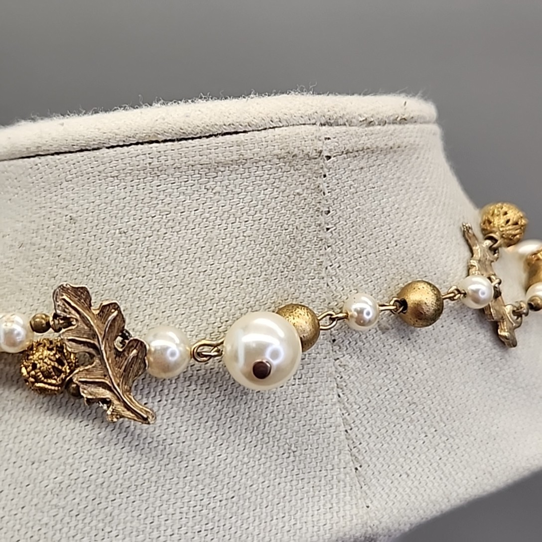 Vintage Beaded Necklace AB Cream Gold Tone Filigree Balls Layered 16″