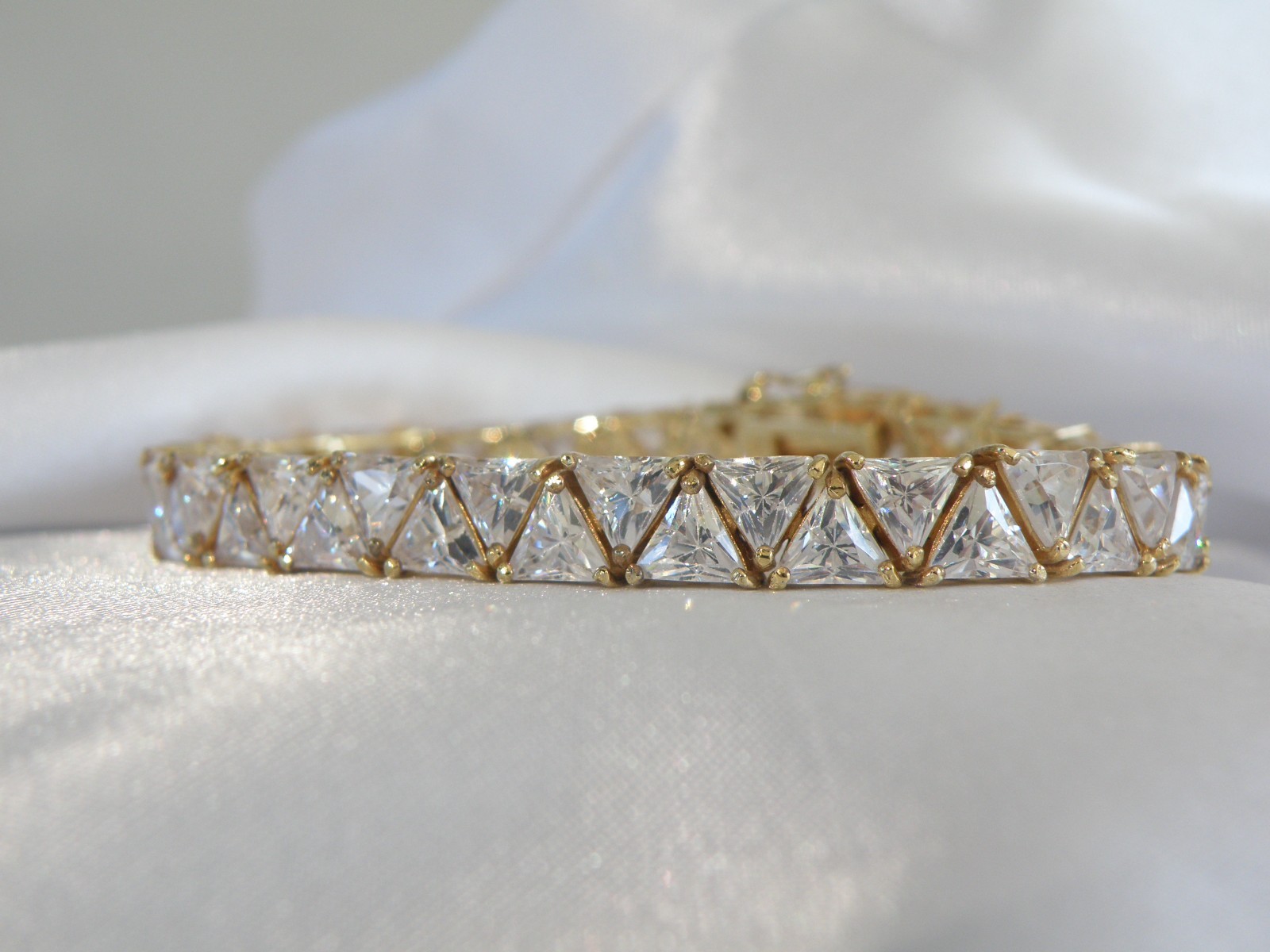 Vintage Sterling Silver 925 Gold Over Trillion Cut CZ Tennis Bracelet 7″