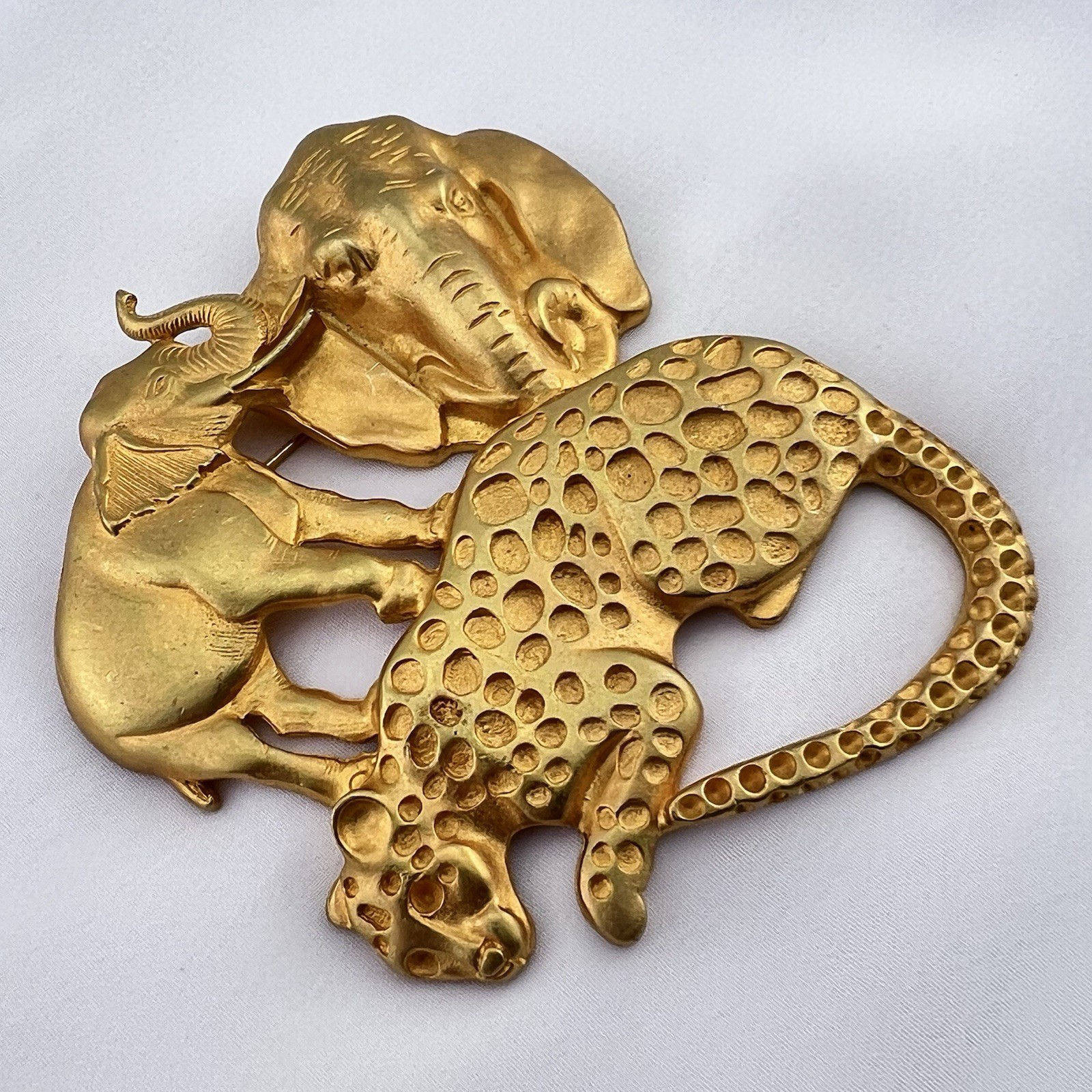 Vintage Safari Brooch Pin Animal Elephant Leopard Large Matte Gold Tone Estate