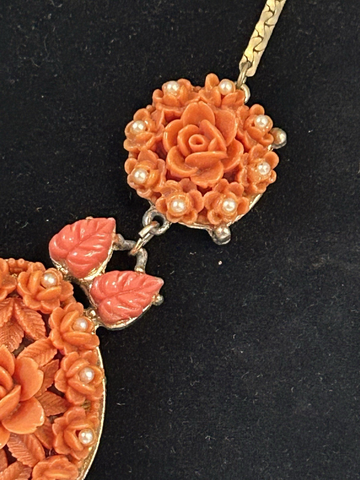 Romantic Circa 1920’s Art Deco Carved Flower Faux Coral & Seed Pearl Necklace