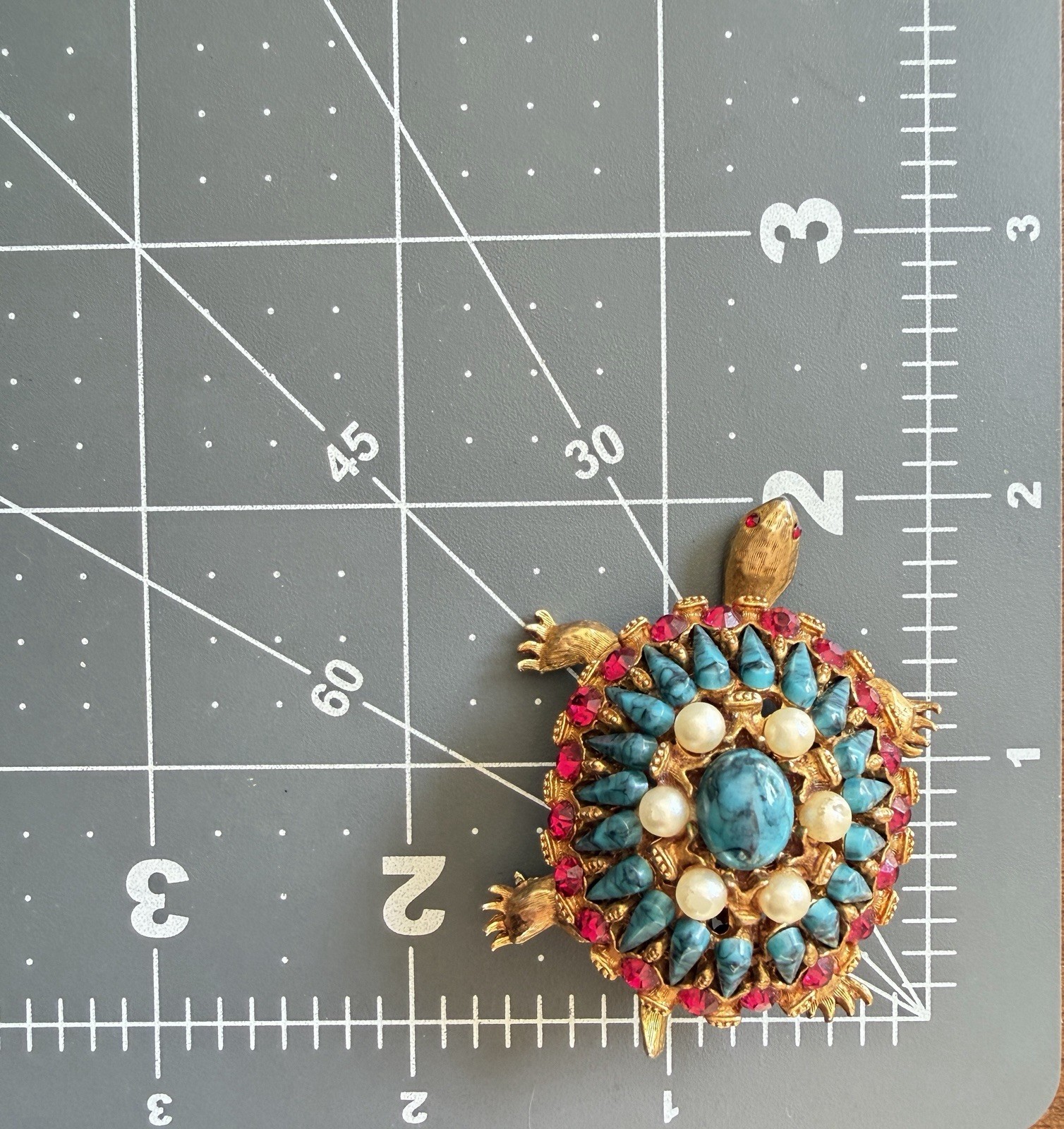 HAR Turtle Brooch Pin Rare Mid Century Turquoise Tiered Rhinestone Statement!!