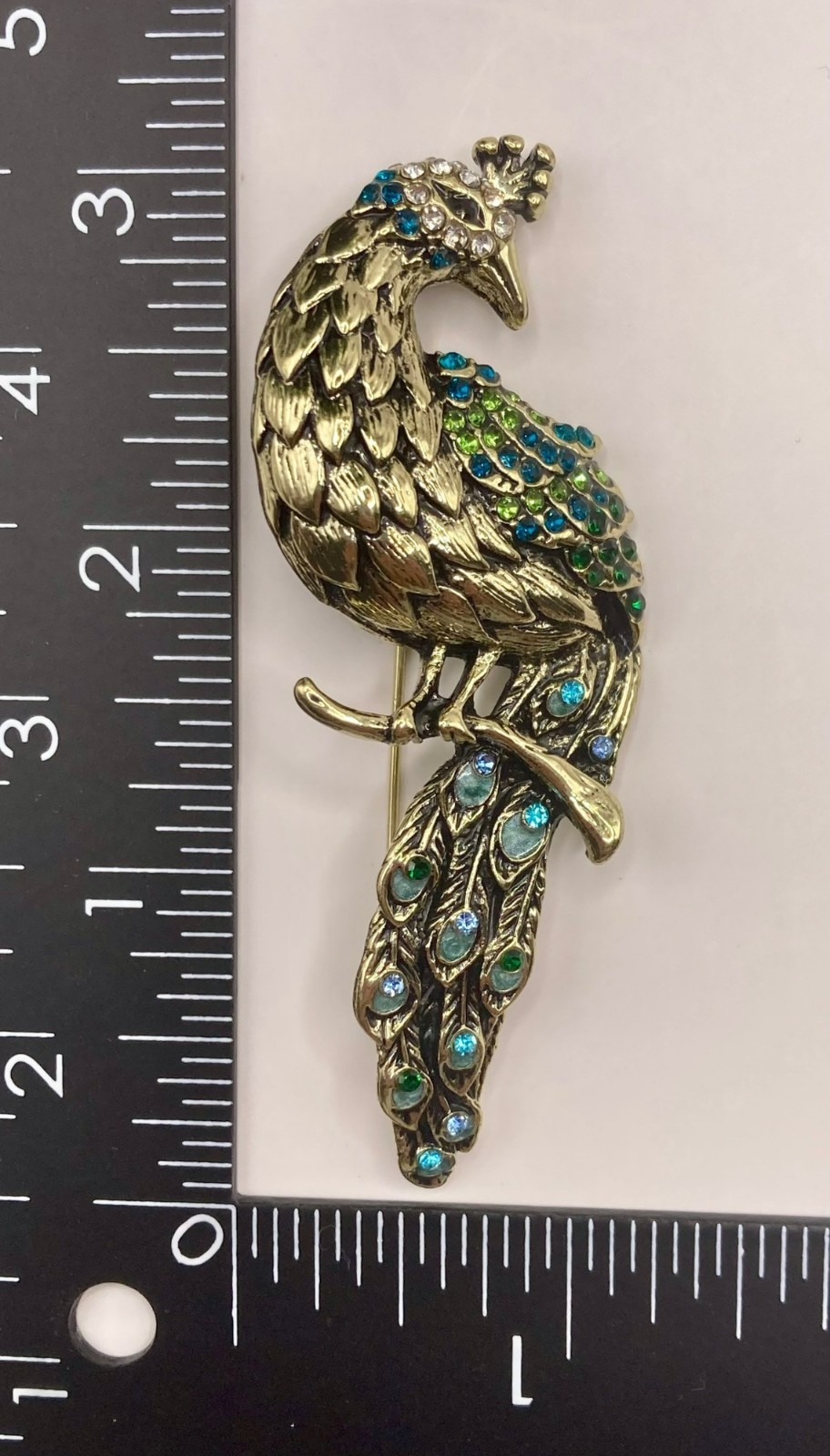 Gold-Tone Peacock Brooch Pin Blue Purple Rhinestones -20B