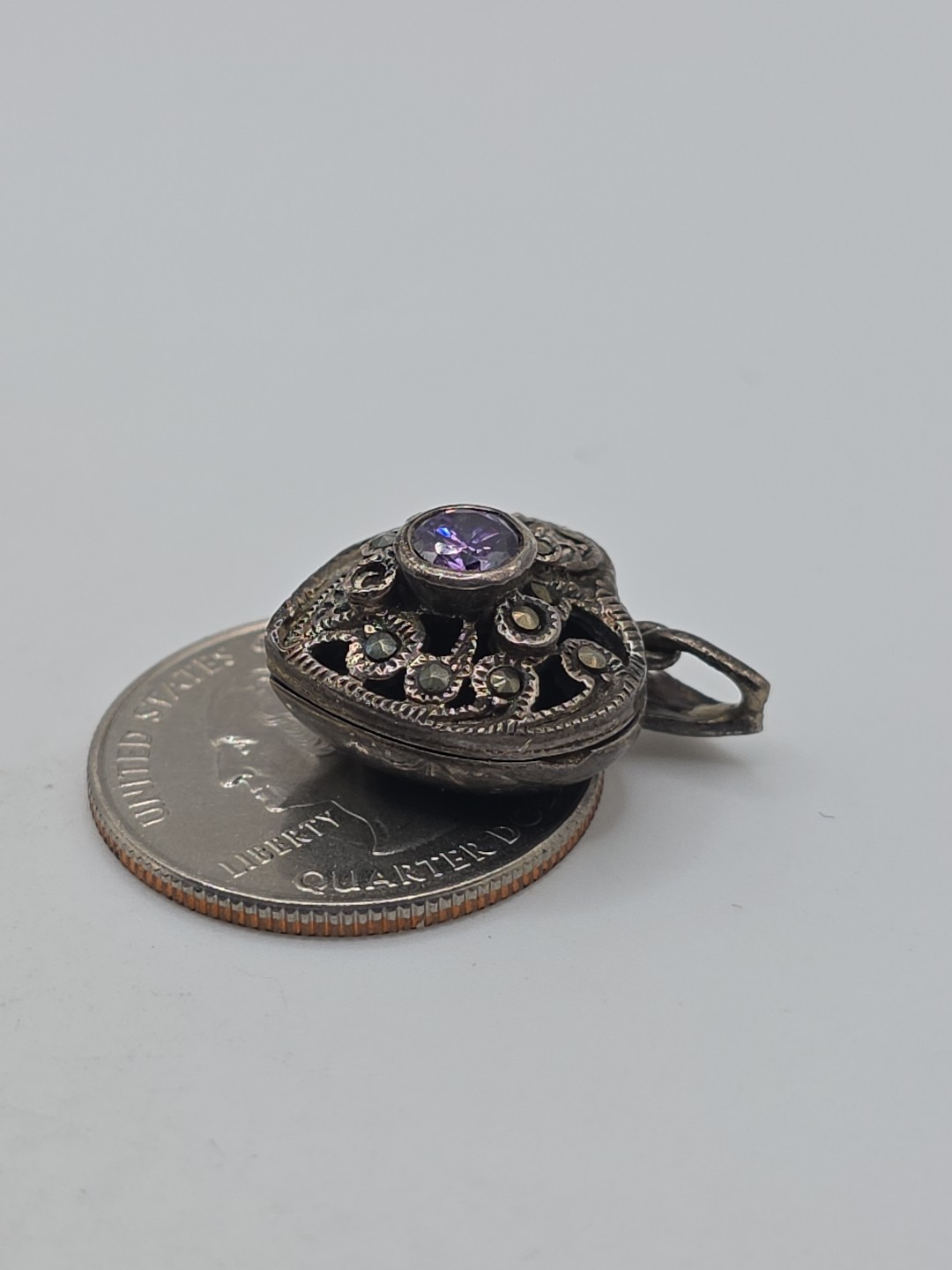 Vintage Sterling Silver 925 CW Amethyst Marcasite Heart Locket Pendant 6g