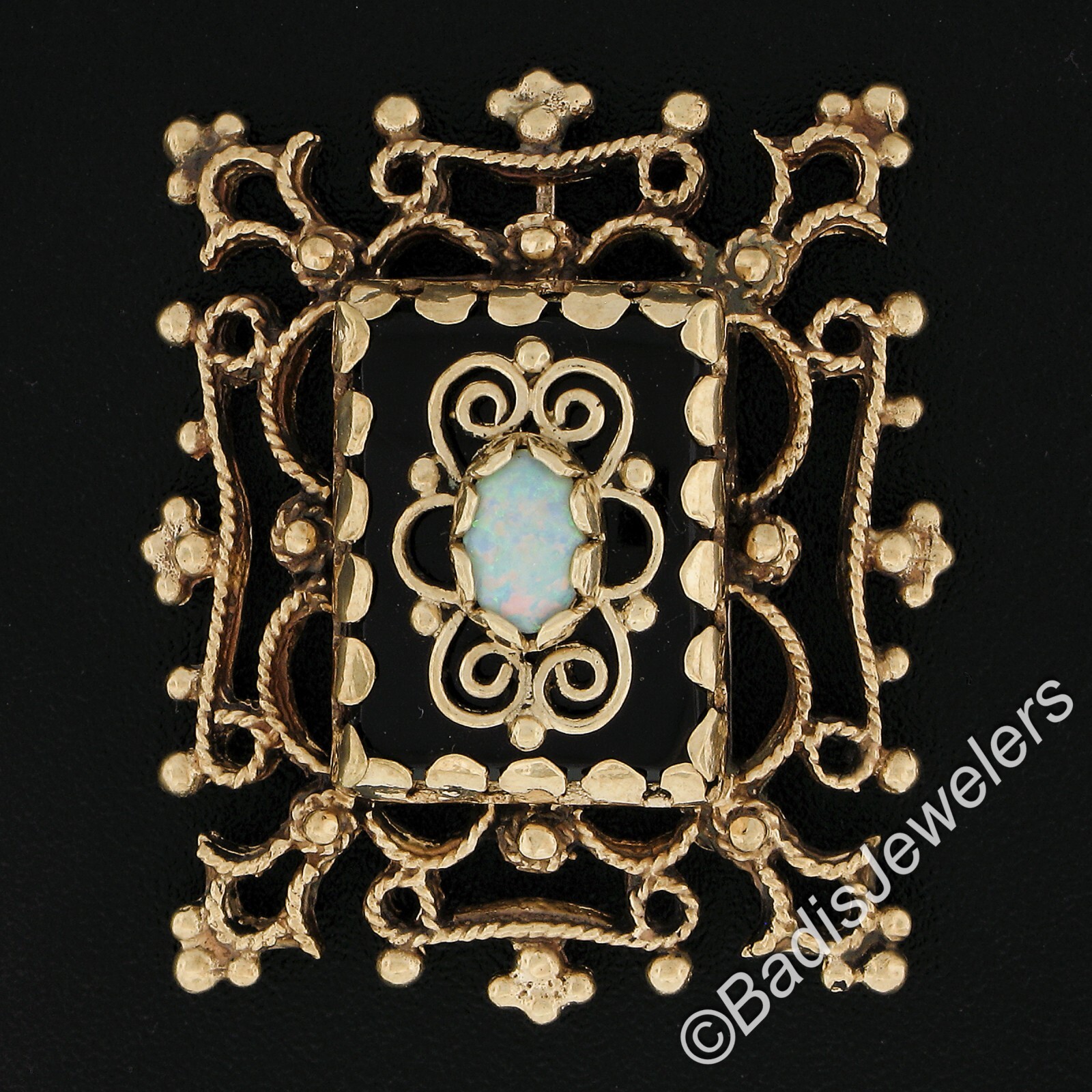 Vintage Gold Black Onyx & Opal Twisted Wire Open Work Pin Brooch Pendant